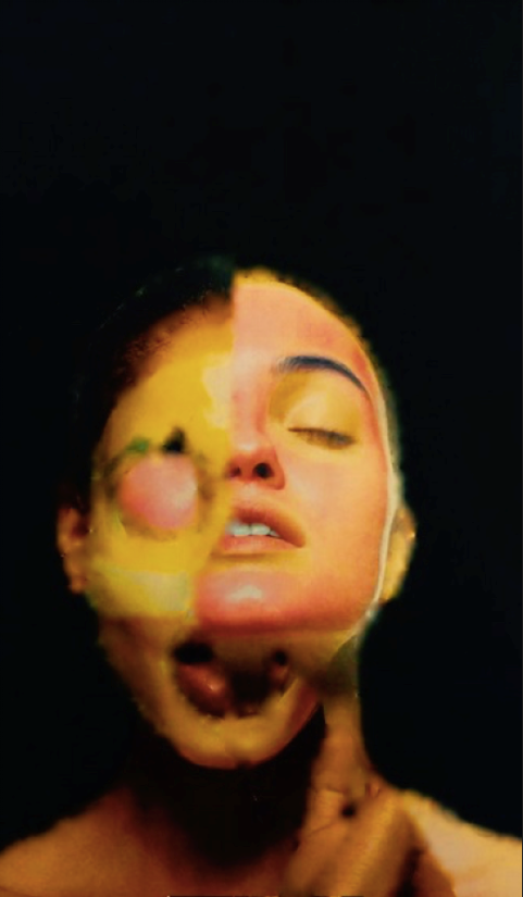 Photograph of a persons face looking up, eyes closed. A second face has been digitally edited over the top and is facing the viewer.