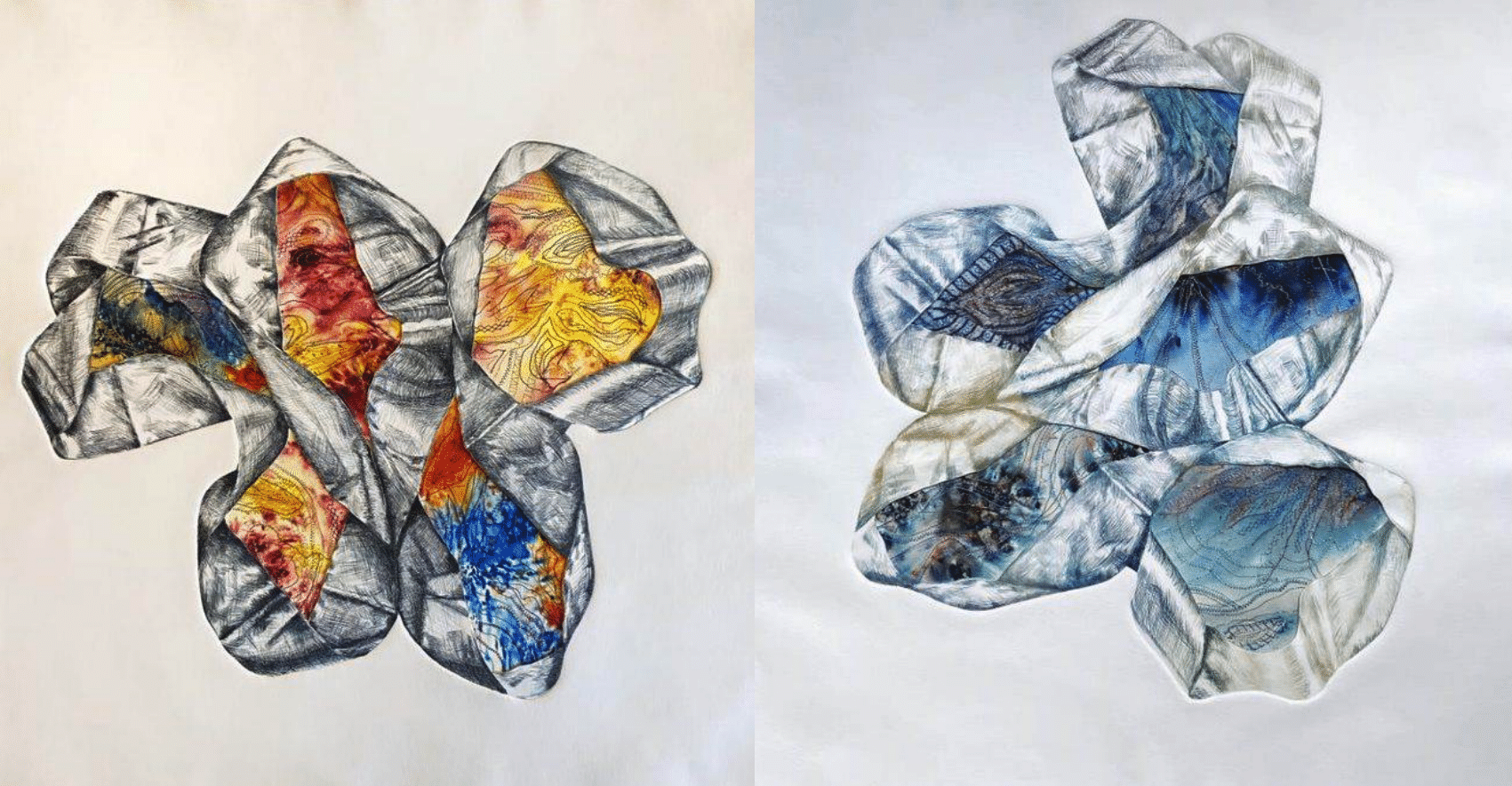 Mix media piece including dry point printing, brusho and textile image transfer and machine embroidery