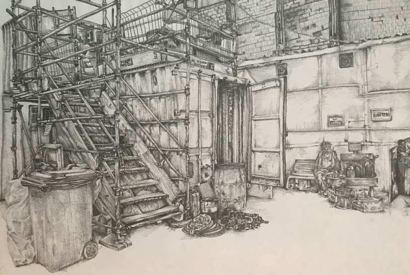 Pencil drawing of a building site, showing scaffolding steps leading to the top of a shipping container. To the right a person is sitting on a bench.