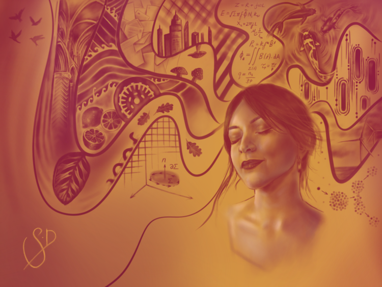 A digital drawing of a person's head with their eyes closed. From their head, lines are drawn outwards and show images of the industrial, natural and scientific drawings.