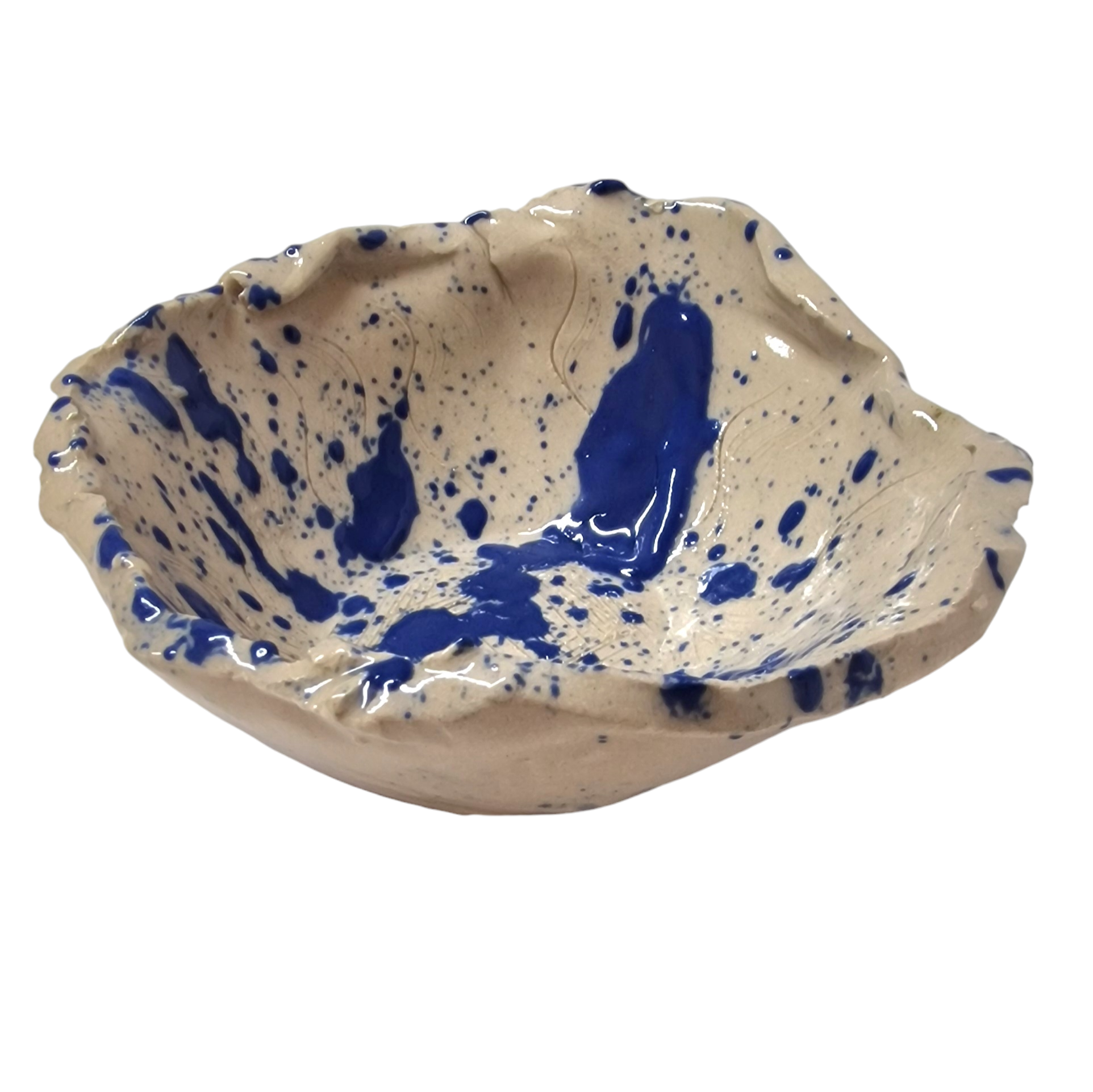 Hump built bowl with blue splatter pattern