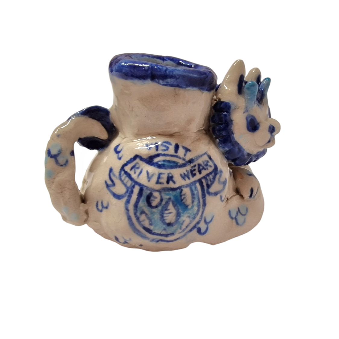 Hand built bottle with 3D worm like creature head on right side and tail handle on left side. On the body reads: Visit River Wear