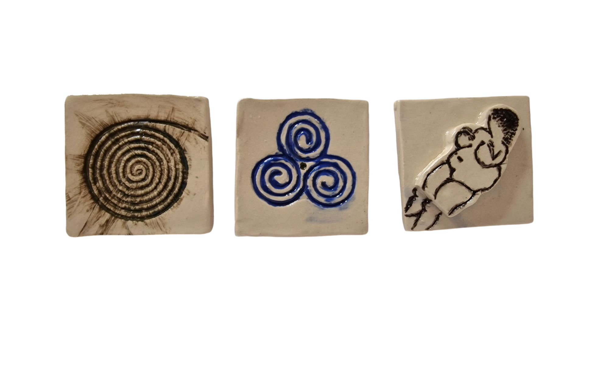 Three square tiles show abstracted swirling shapes and body