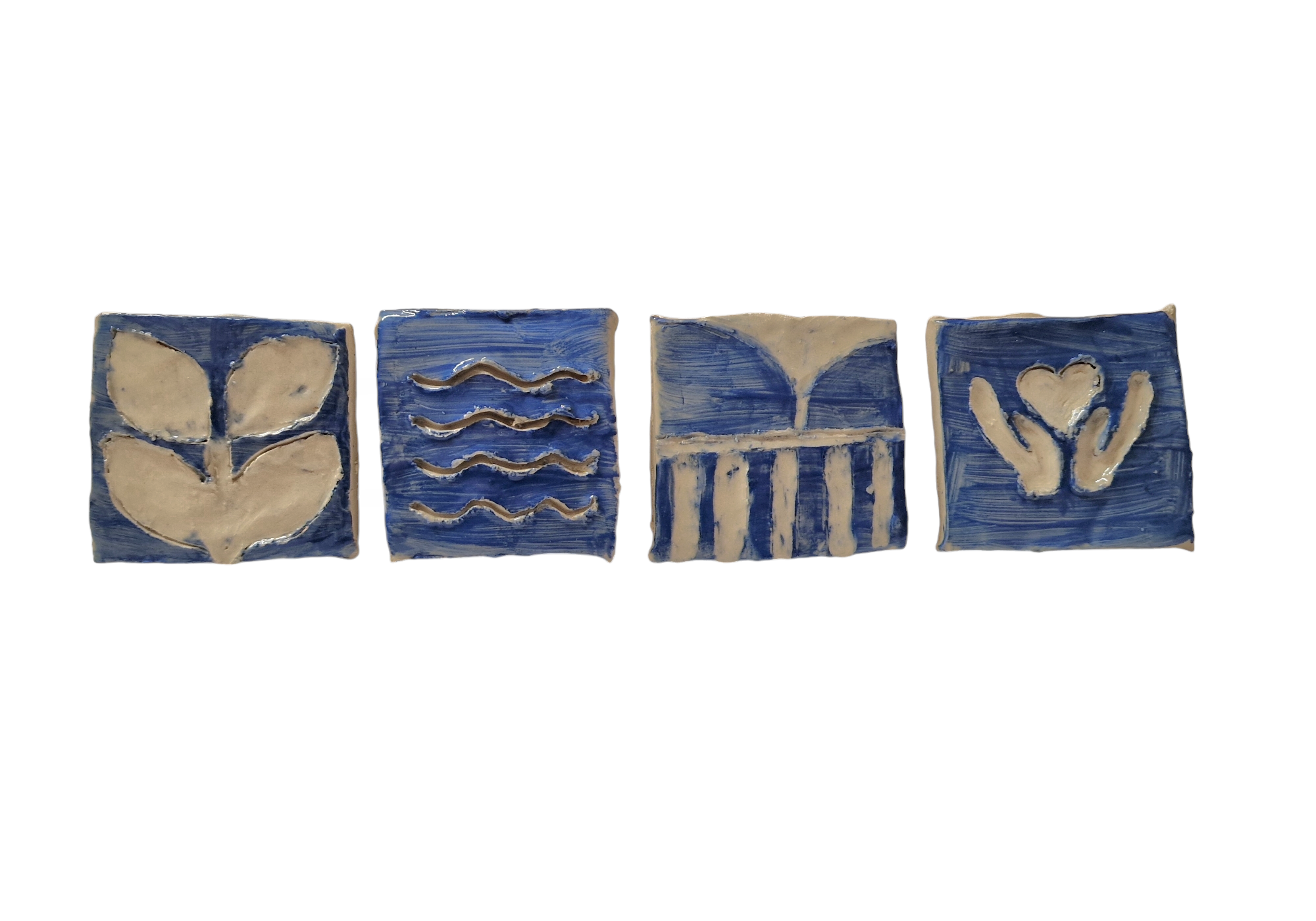 Four square tiles show plants, water waves, bridge and hands holding a heart in blue and white.