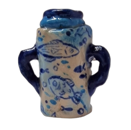 Hand built bottle with handles. Two large blue fish illustrated with smaller fish in background