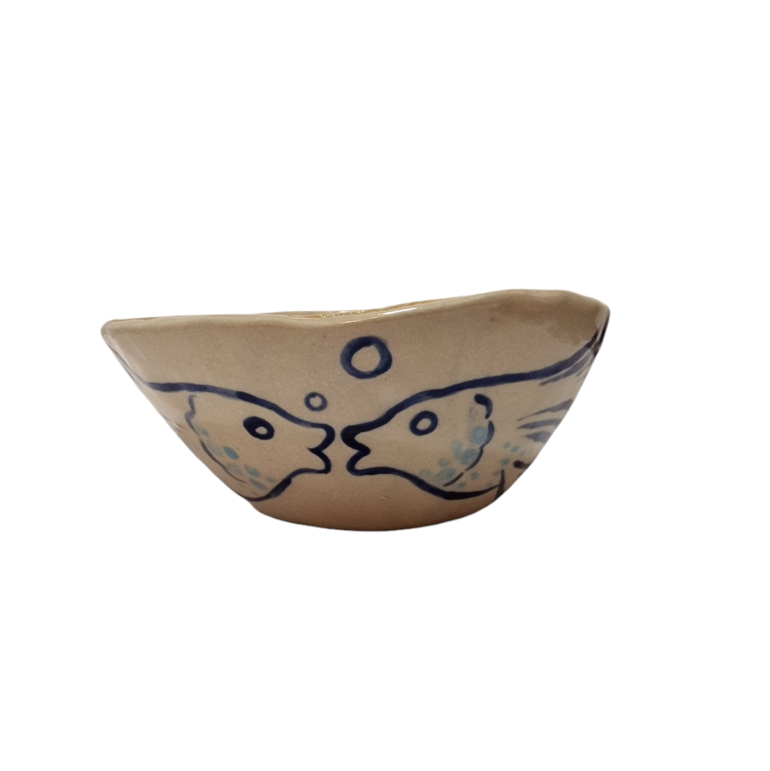 Side view of hump made stoneware bowl with blue outline of two fish facing each other