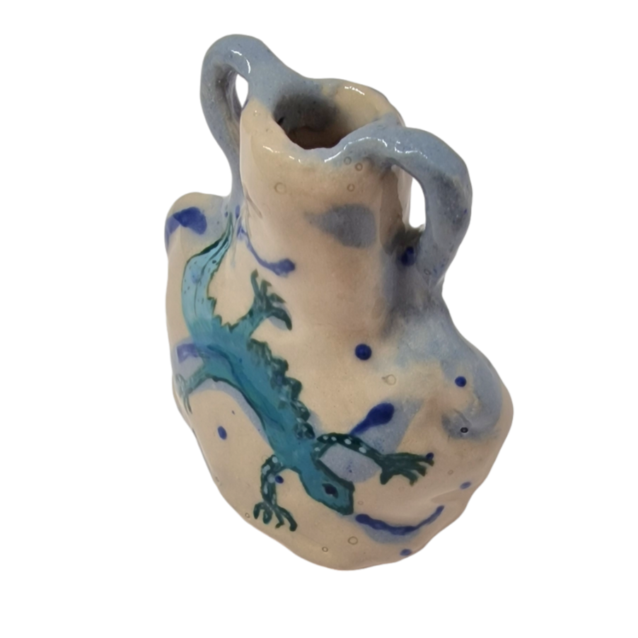 Hand built bottle with handles. Blue and green newt painted on body of bottle