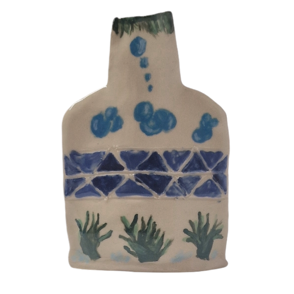 Hand built bottle with blue and green illustrations of bubbles, triangles and plants