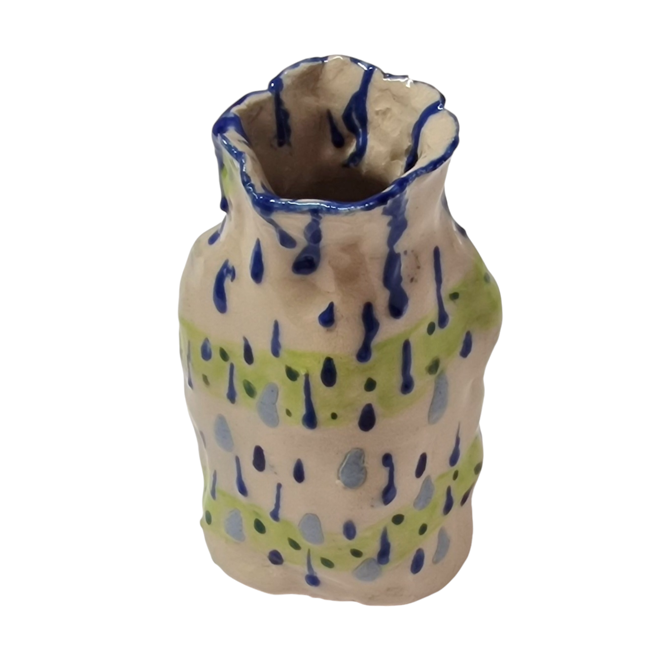 Hand built bottle with blue and green abstract patterns