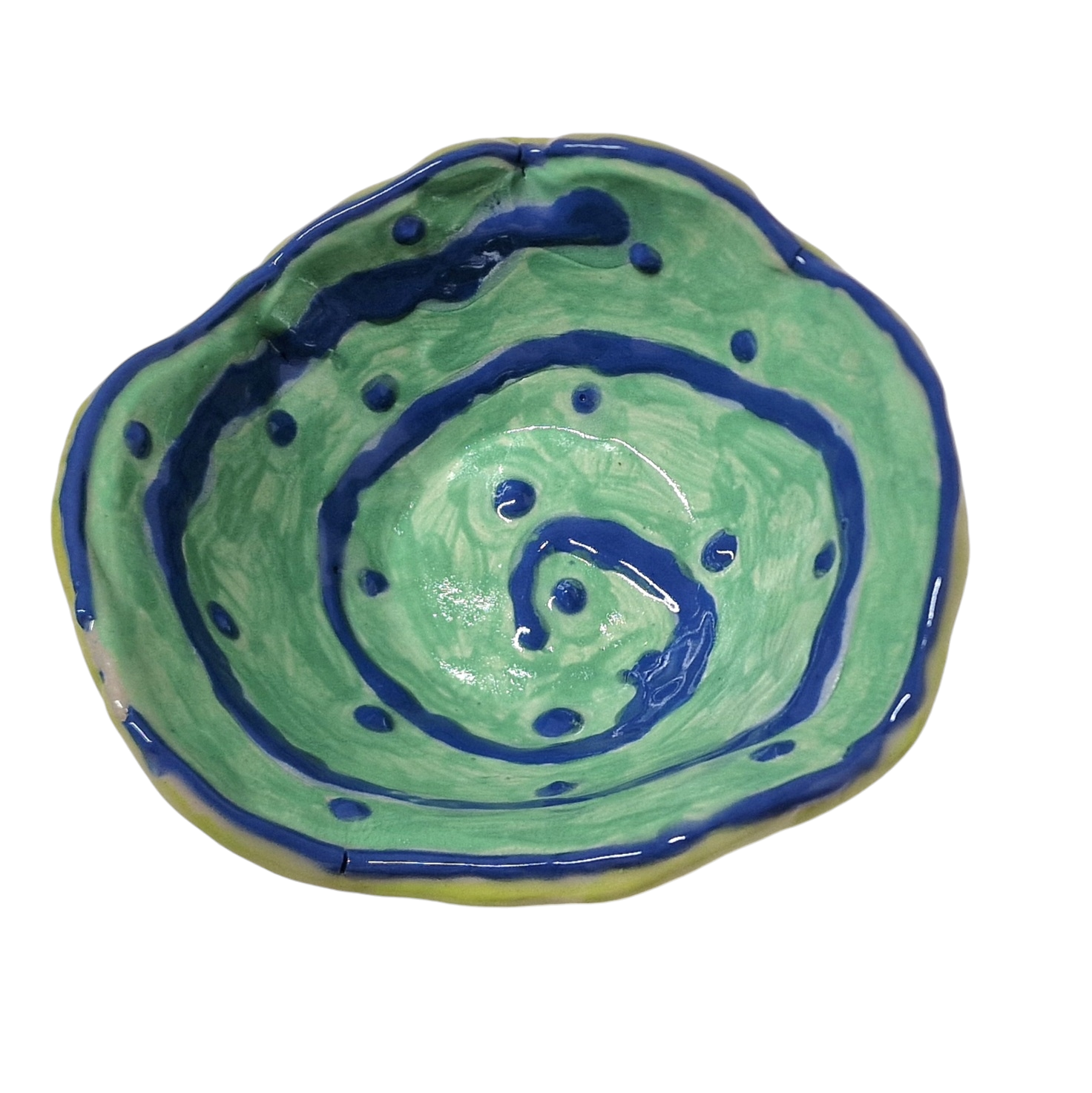 Hump built green bowl with blue swirl and dot pattern
