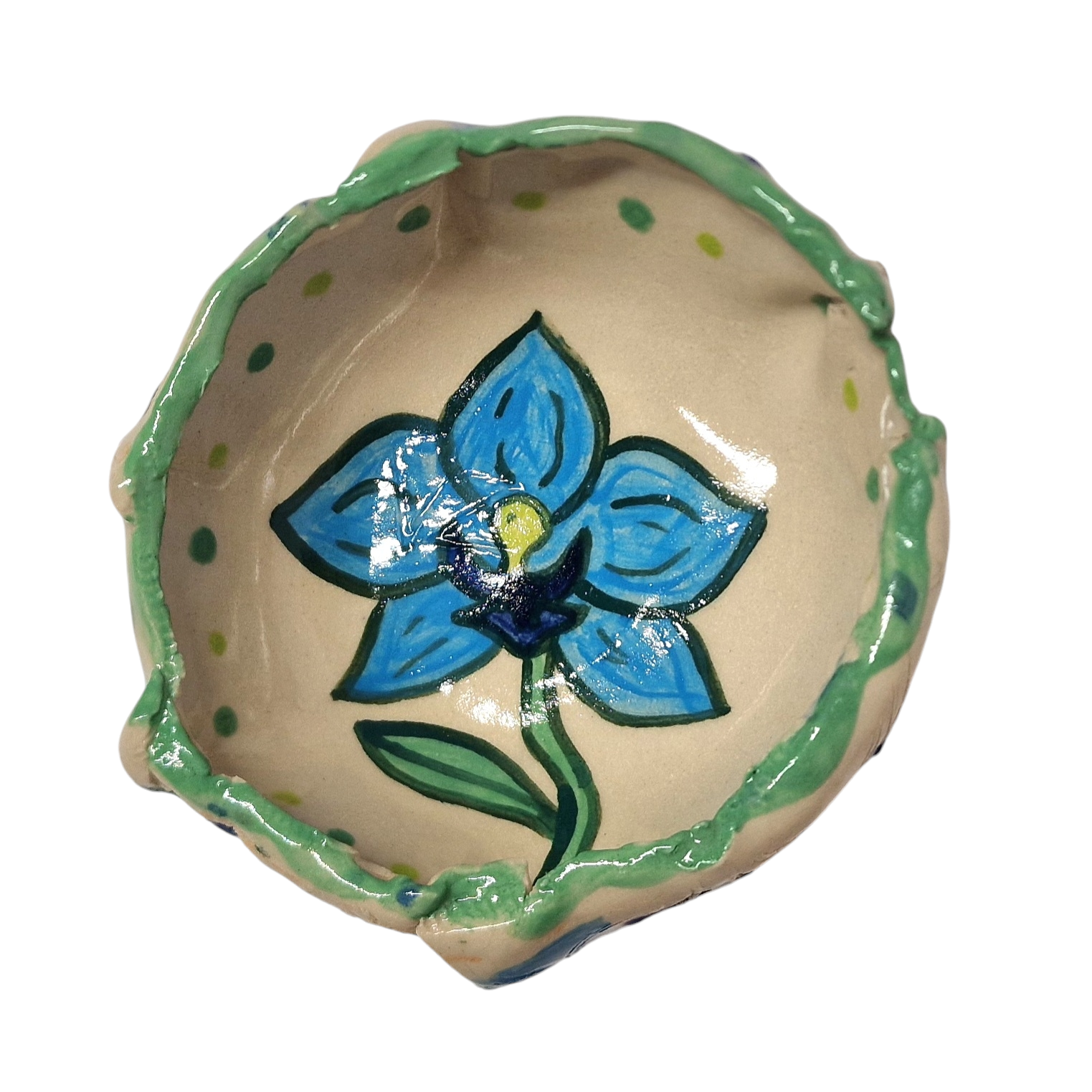 Hump built bowl with blue flower painted inside and green rim