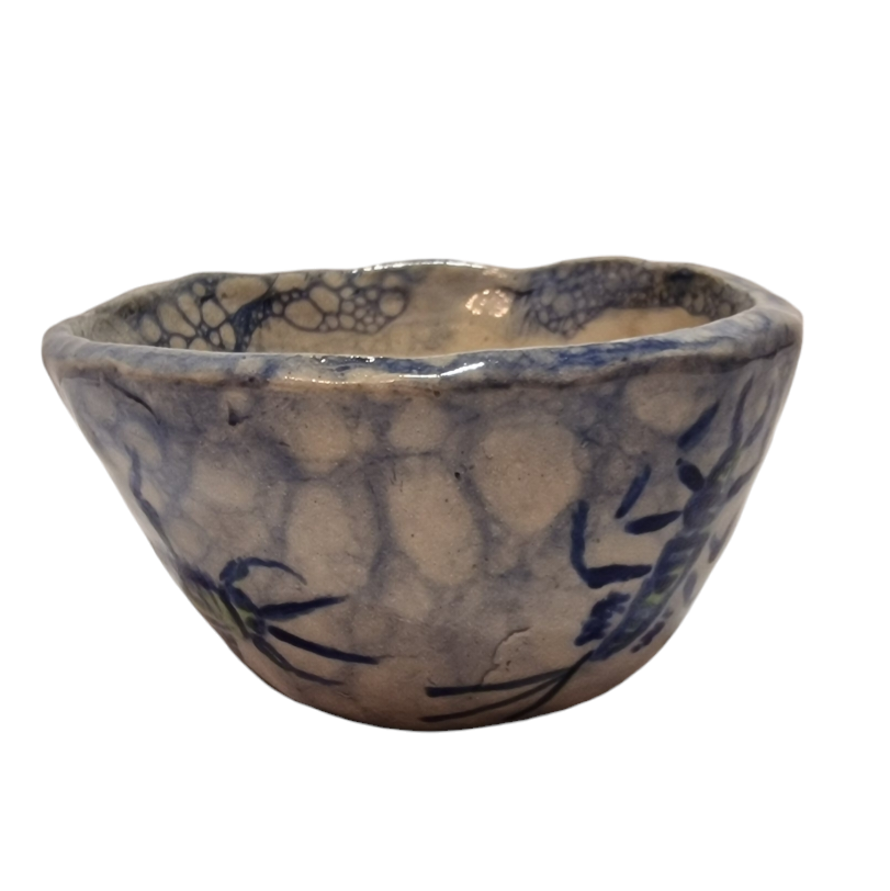 Side view of hump made stoneware bowl with blue bubble paint pattern and darker blue bugs 