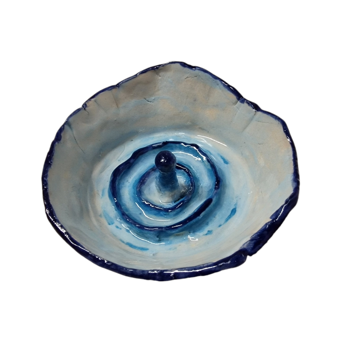 Above view of hump made stoneware bowl with blue 3D sculpted drop of water in the center