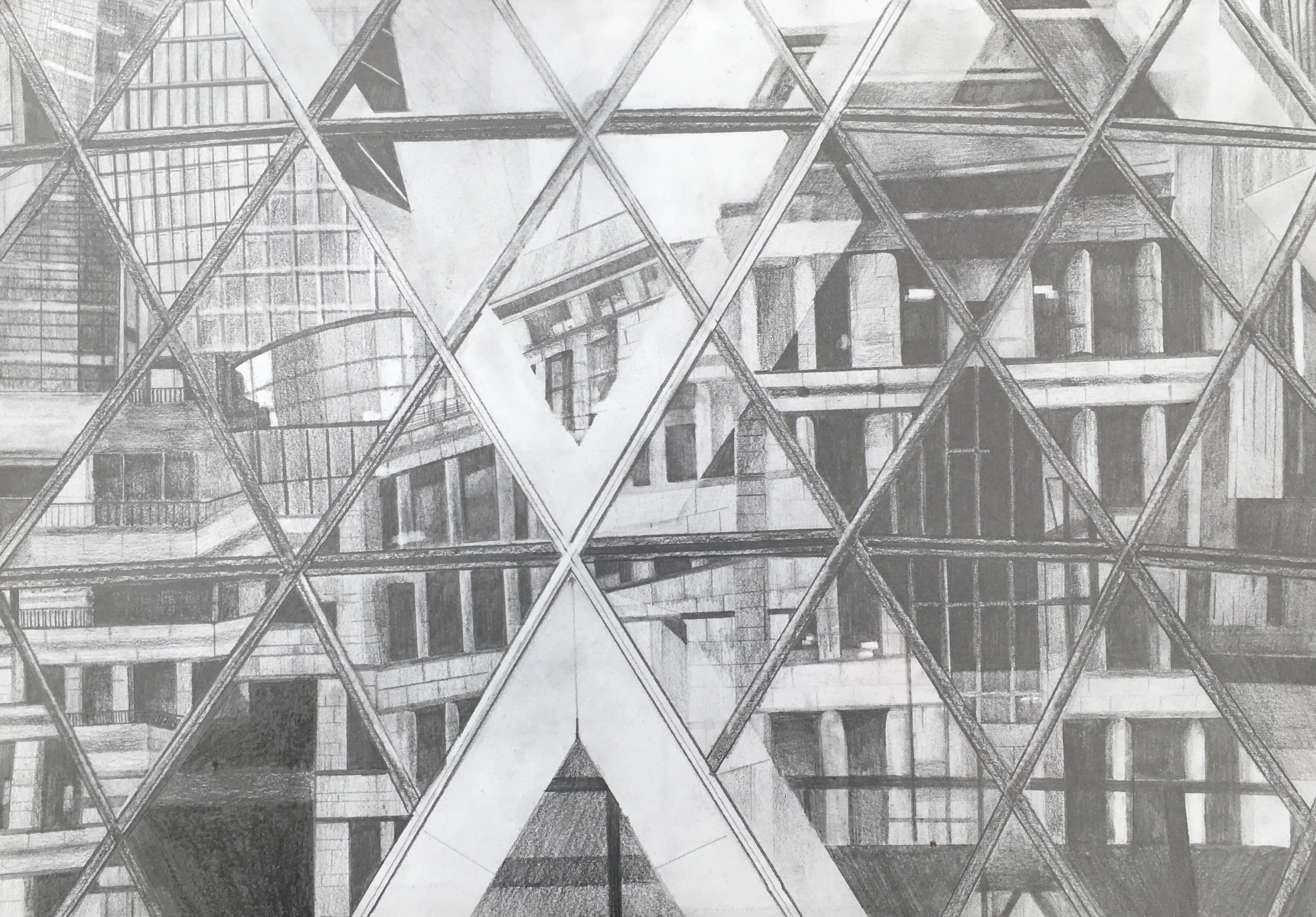 Pencil drawing showing the reflections on the side of the Gherkin, a glass building in London with a distinctive glass triangle pattern. 