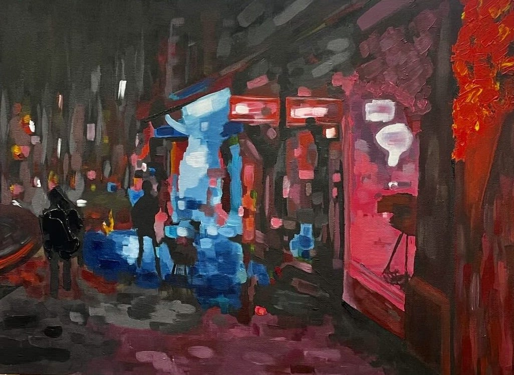 Abstract painting of a street scene at night showing a cities street lights 