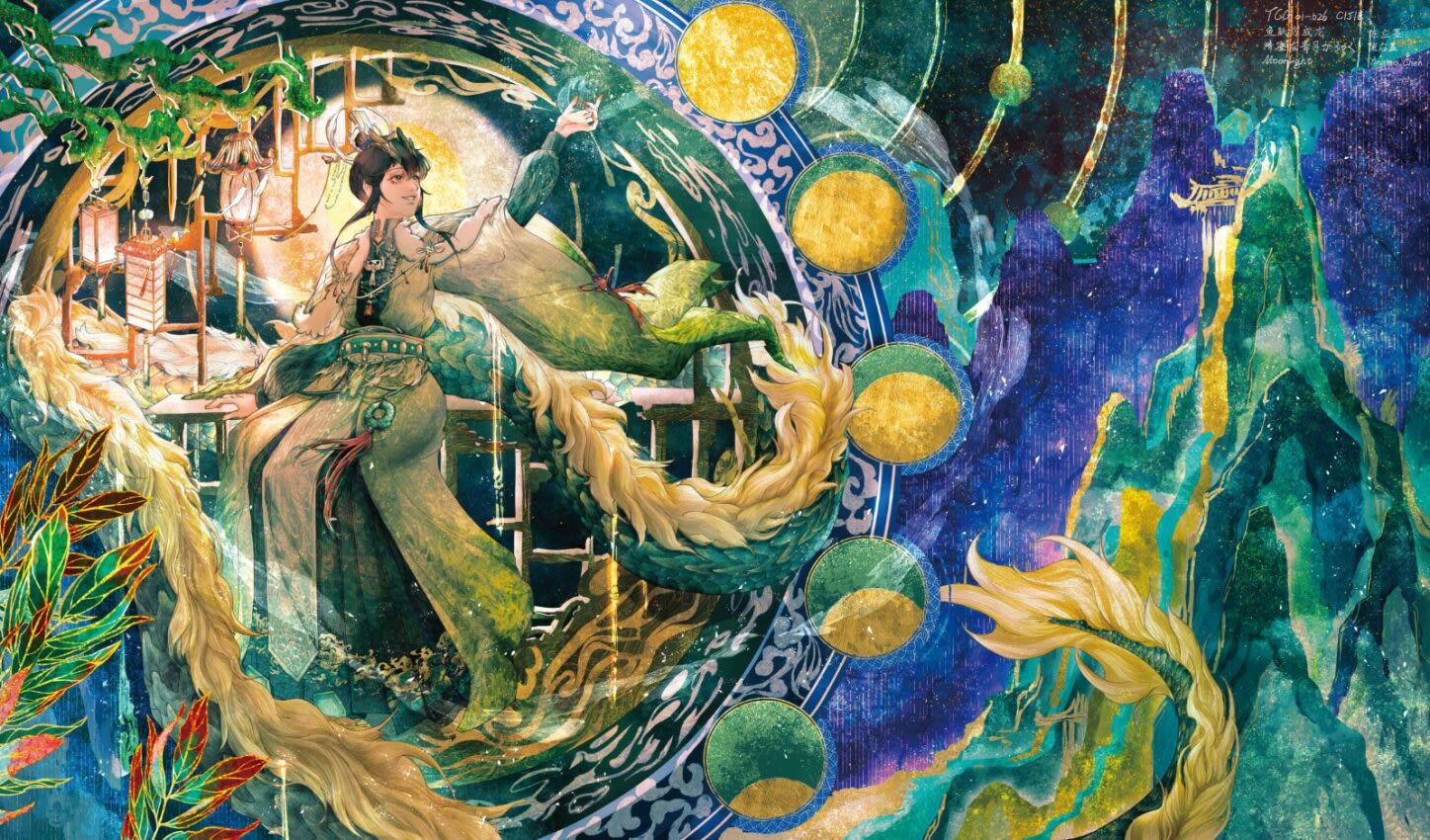 Digital painting of a person holding out their arm to five moons surrounding them, in their various phases. To the right we see a mountain as if the person on the left is floating high above it. 