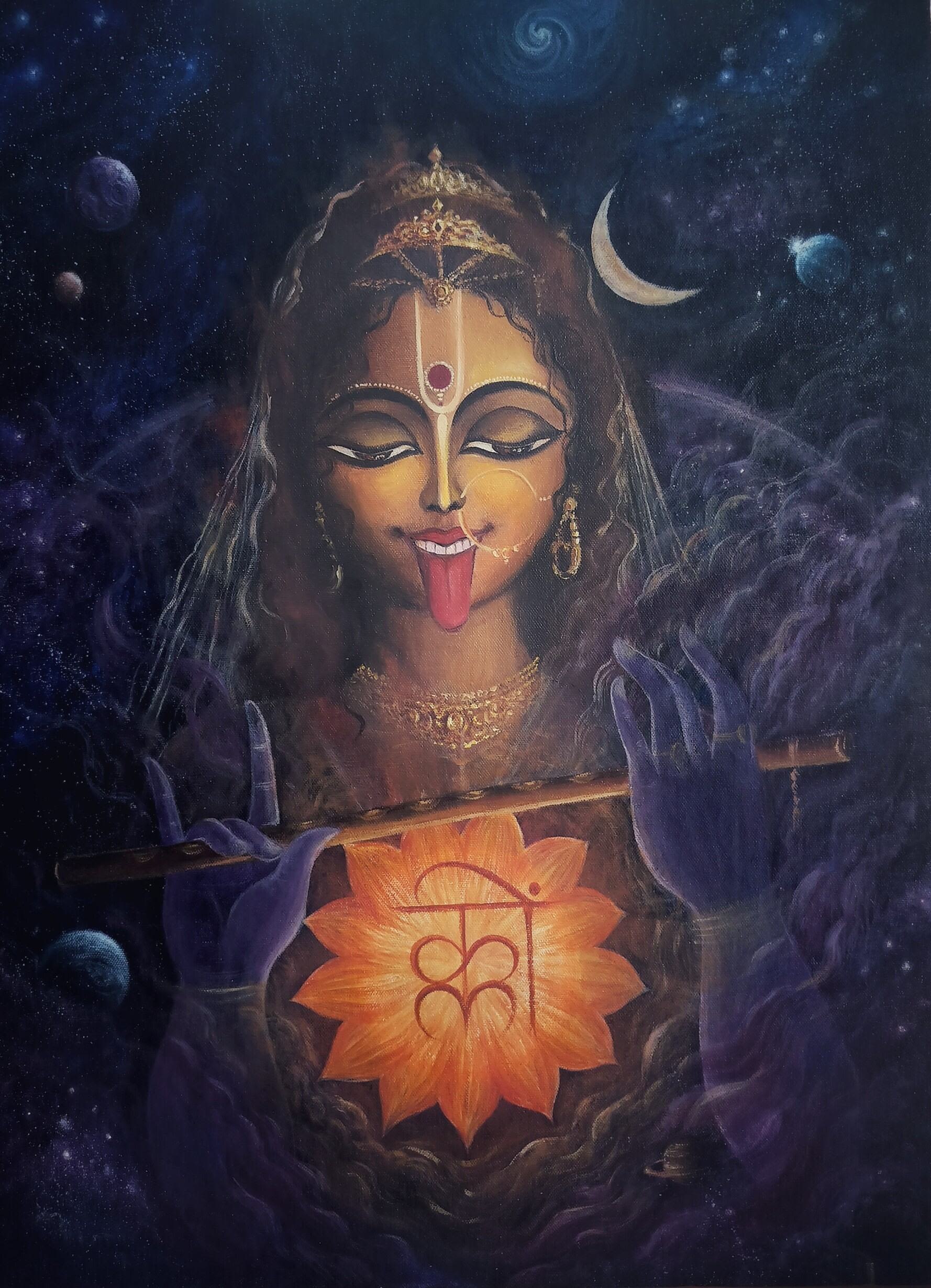 Painting of Hindu style goddess with her tongue out.  She holds a flute like instrument in her hands and has a lotus flower over her chest. Behind her we see the moon and stars.   