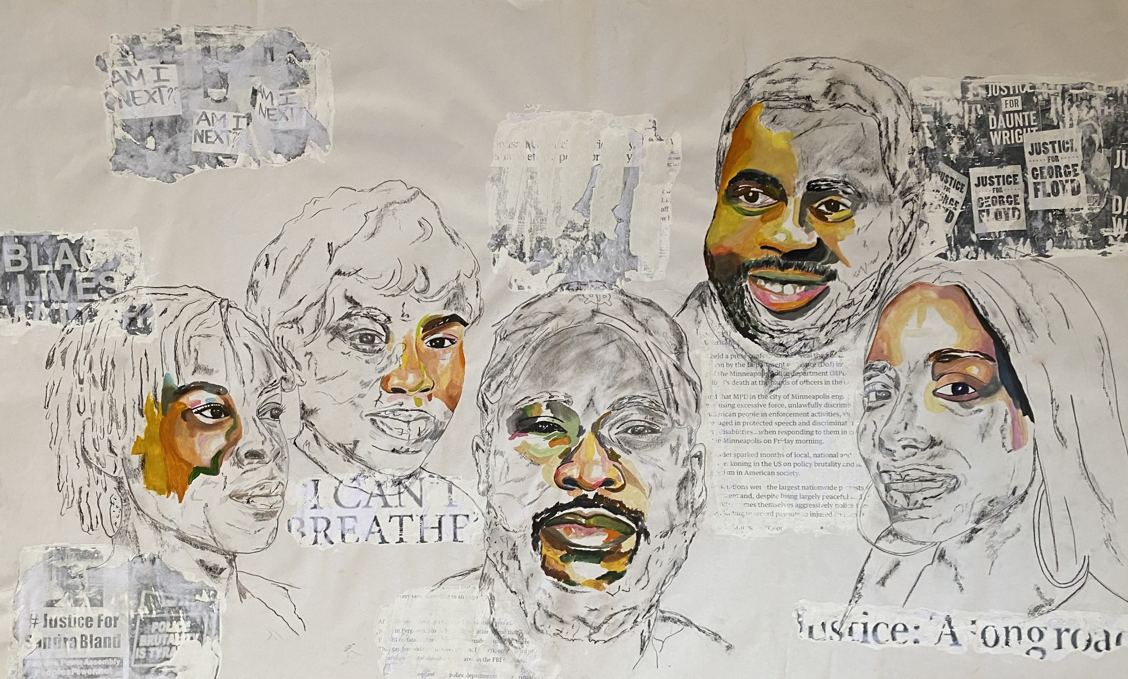 Graphite and watercolour on paper drawing of four faces partially black and white, partially in colour. Text is written around the faces reading 'black lives matter' and 'I can't breathe' 