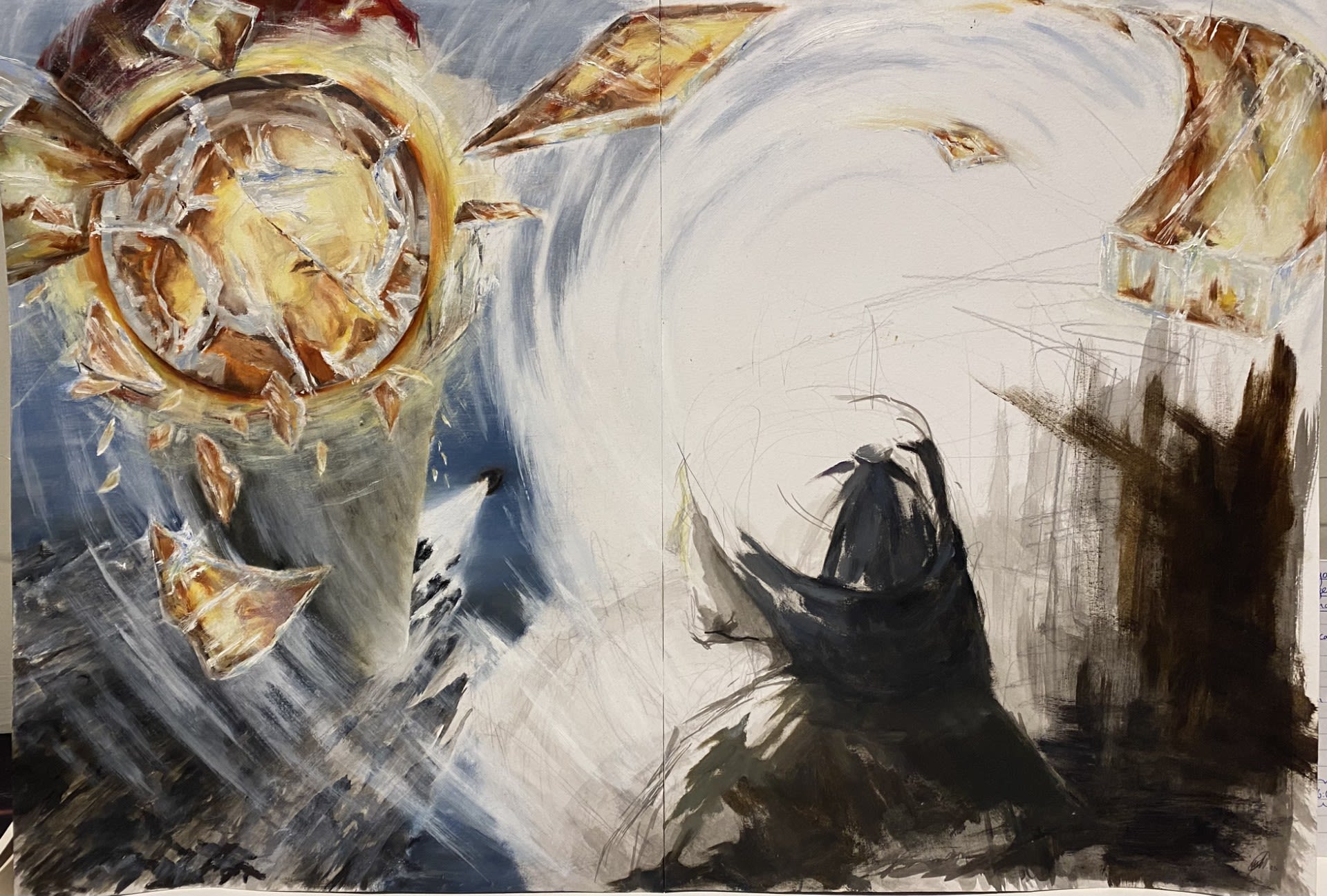 Abstract painting showing person on a boat 