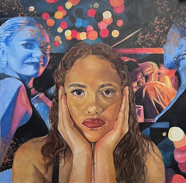 Painting of a person centre forward with their hands on the side of their face. Behind them a faded club scene 