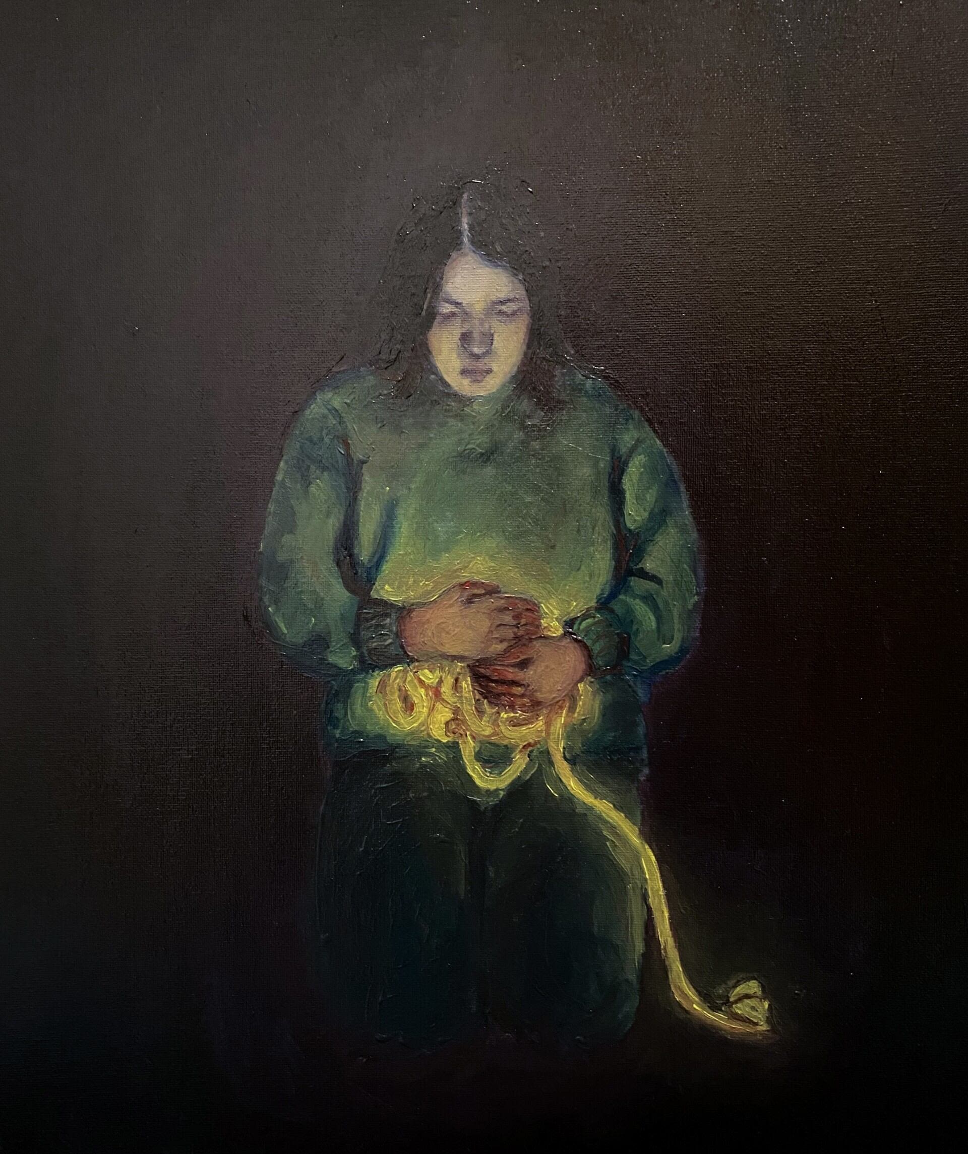 Oil painting of a person, holding their hands over their stomach as illuminated intestines spill out 