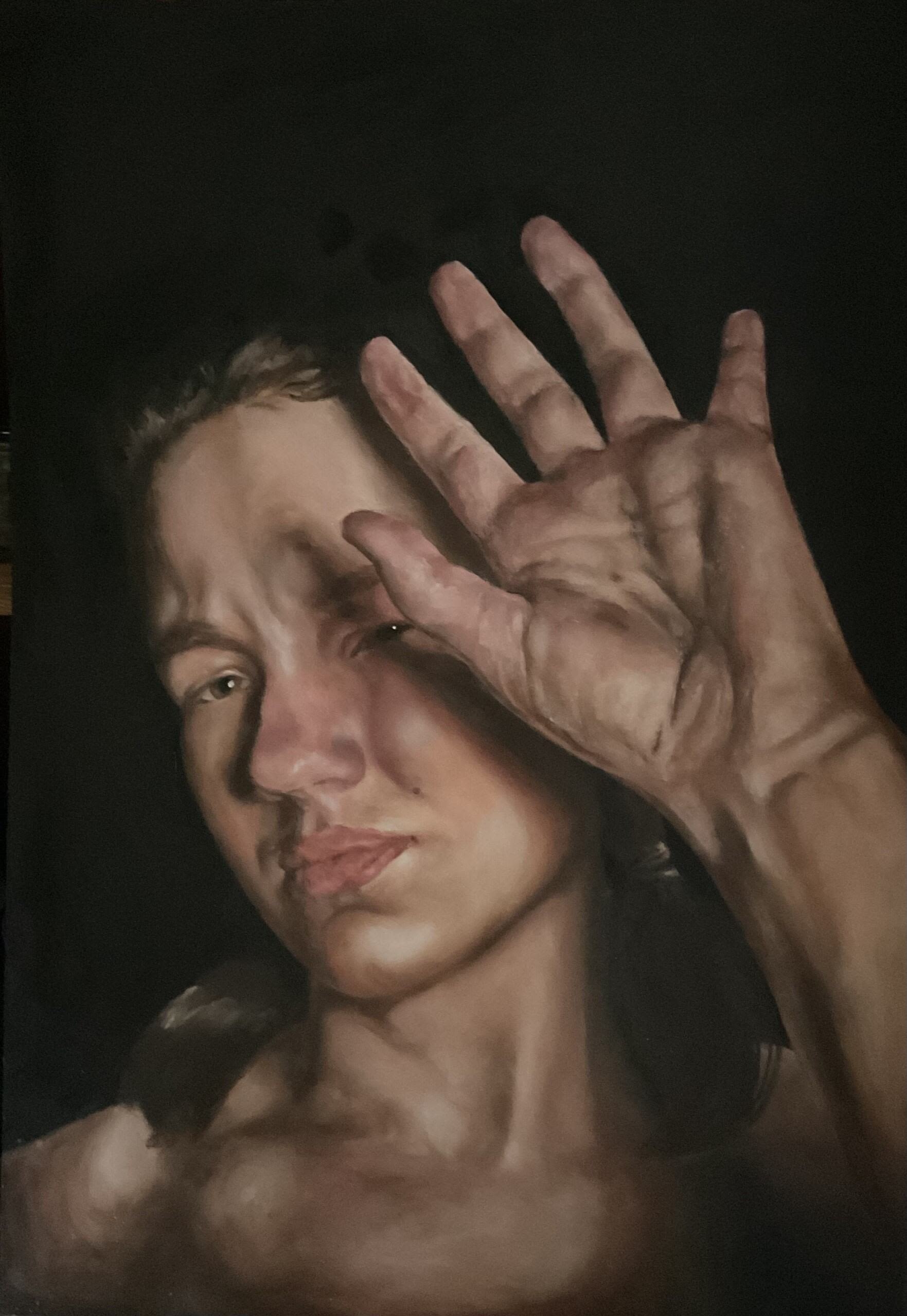 Painting of person with their hand over their face as if protecting themselves from a strong light 
