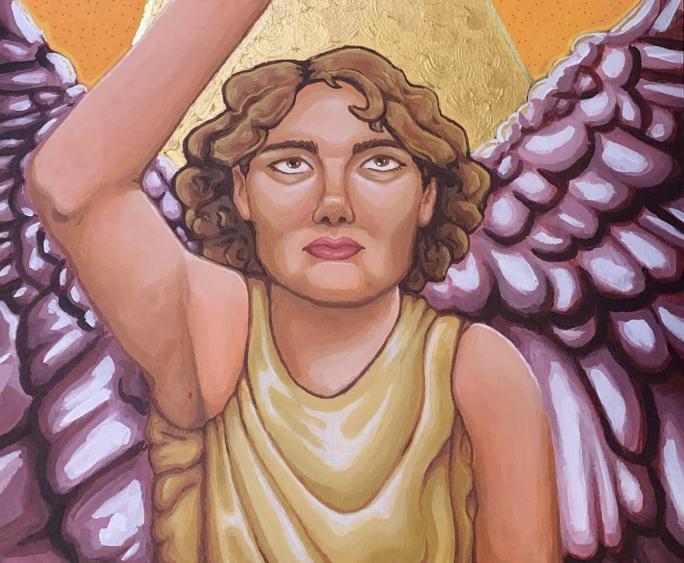    Painting of a person with wings, eyes open and one hand reaching up 