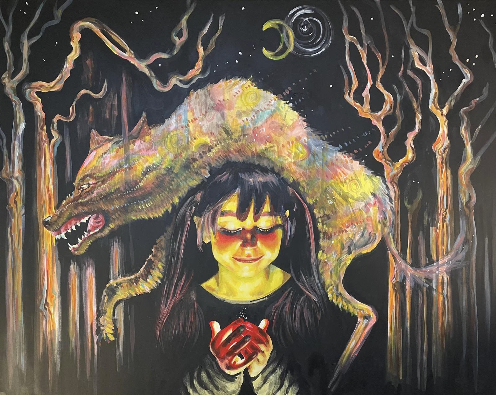 Painting of person holding a light with a wolf over their head in a forest. Their face is illuminated. 