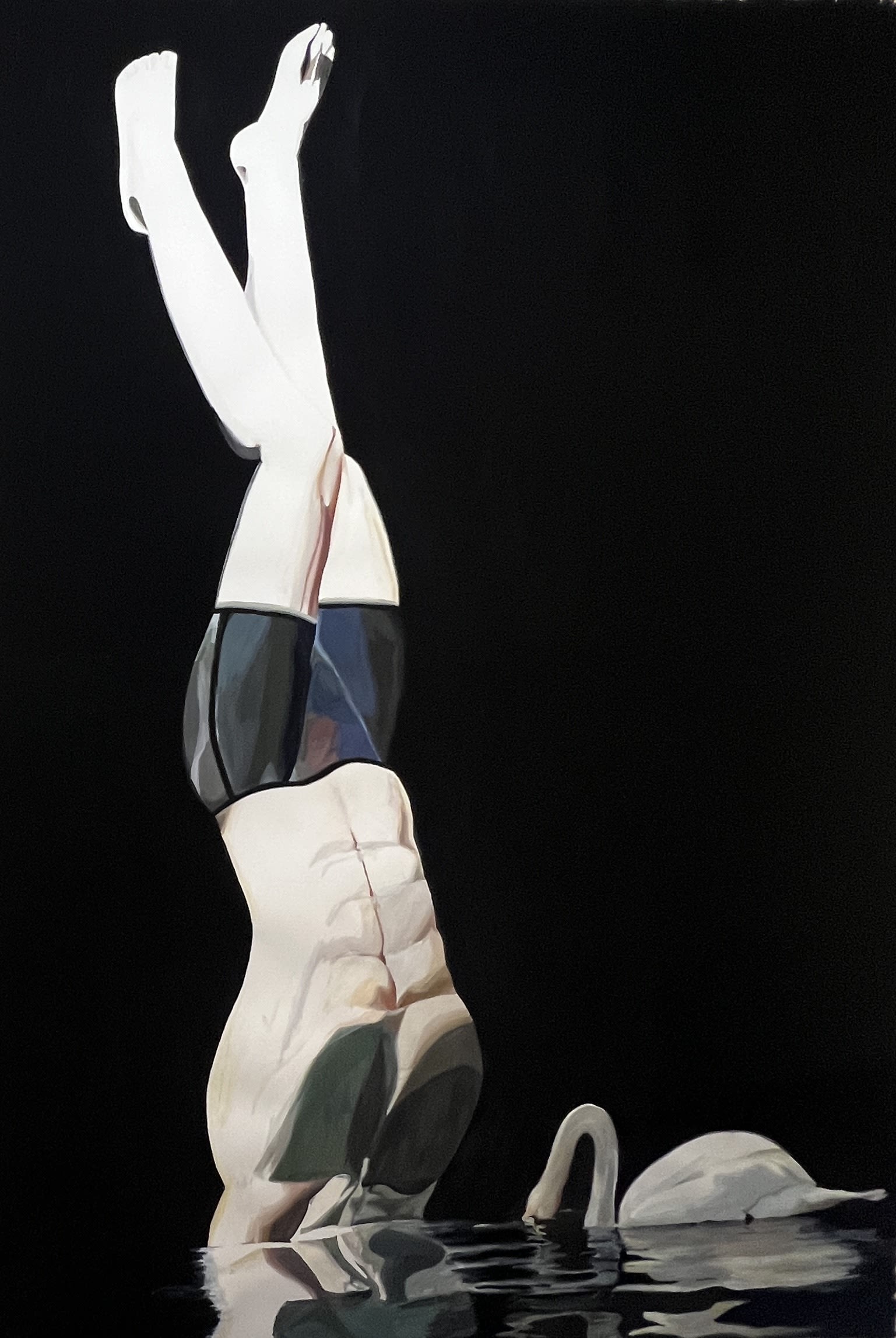 Painting of a person and a swan. The person is balanced upside down with their head submerged in the water like the swan. 