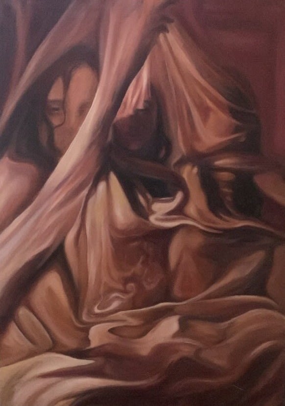 Abstract painting showing fabric like shapes and persons face in top left corner 