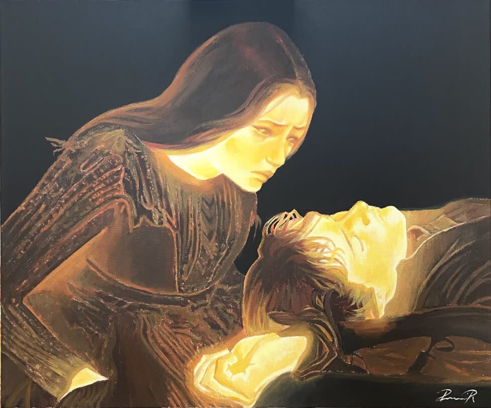 Painting of two people, one ways on the floor with their eyes shut and one is looking over the other. Both faces are illuminated. 