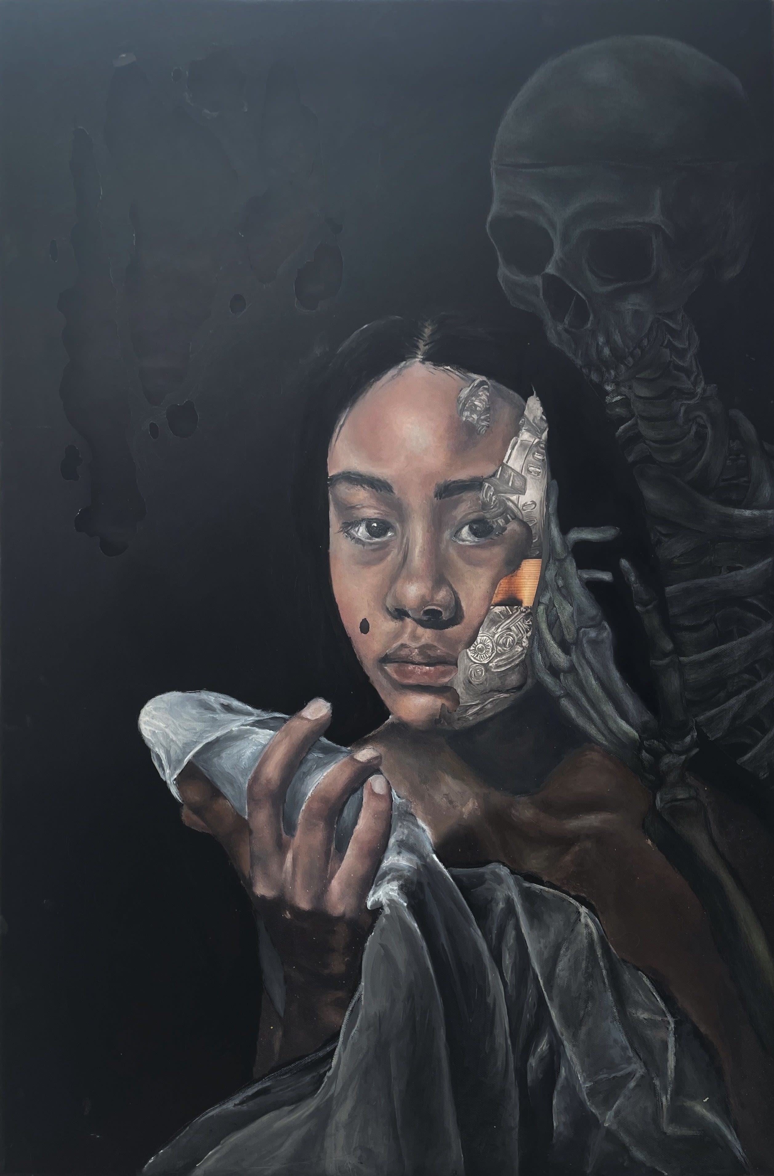 Portrait of person facing the viewer. A figure of a skeleton is behind them and they hold something in their hands