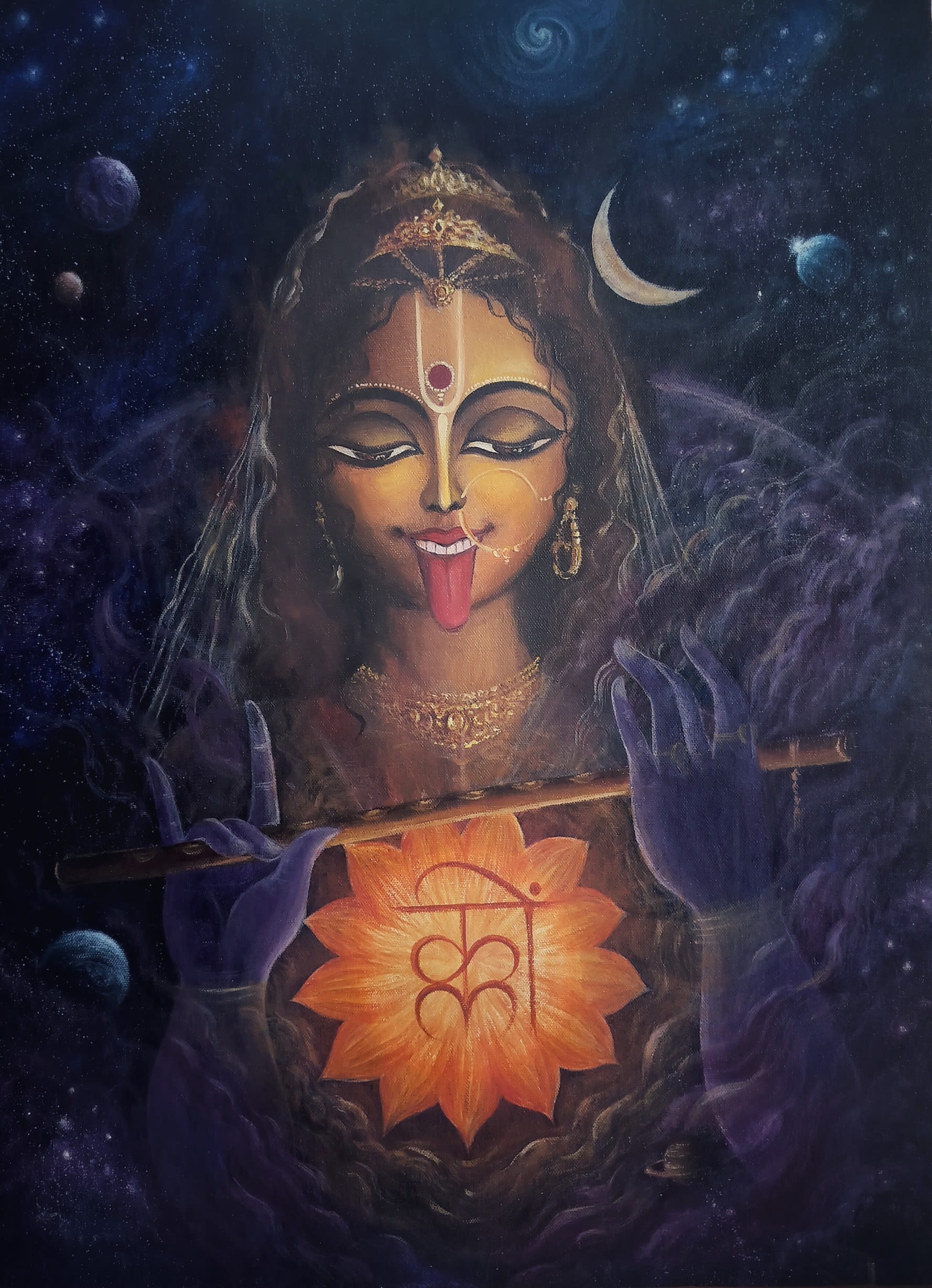 Painting of Hindu style goddess with her tongue out.  She holds a flute like instrument in her hands and has a lotus flower over her chest. Behind her we see the moon and stars.