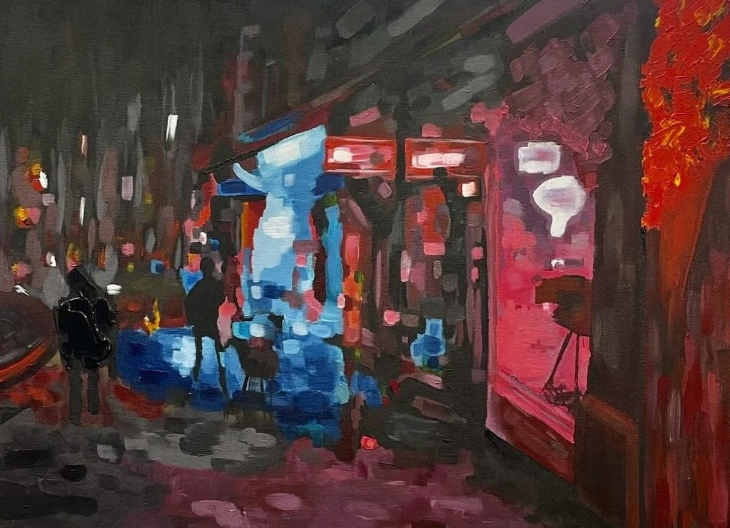 Abstract painting of a street scene at night showing a cities street lights