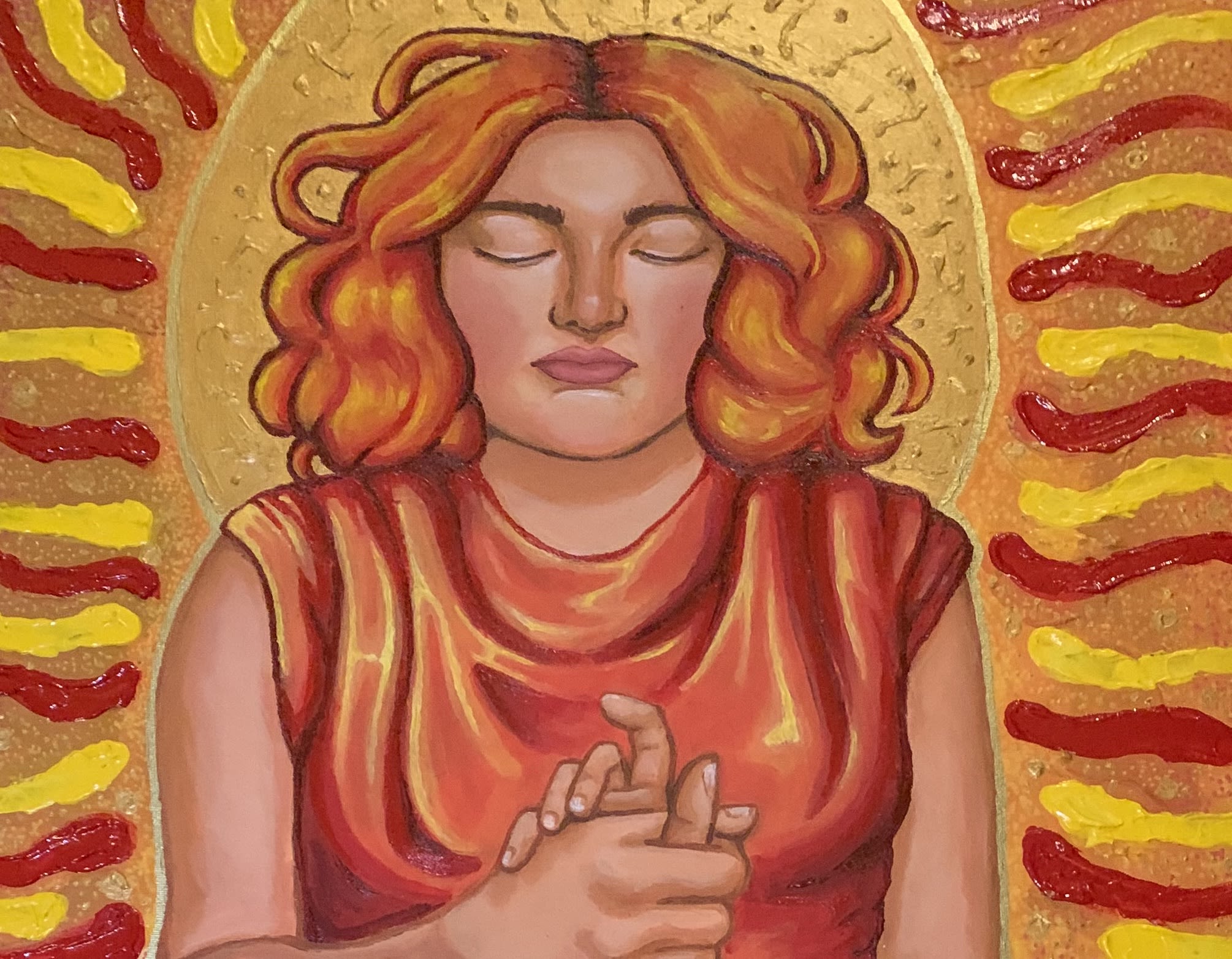 Painting of person with eyes closed. They have an orb around their head and are holding someones hand