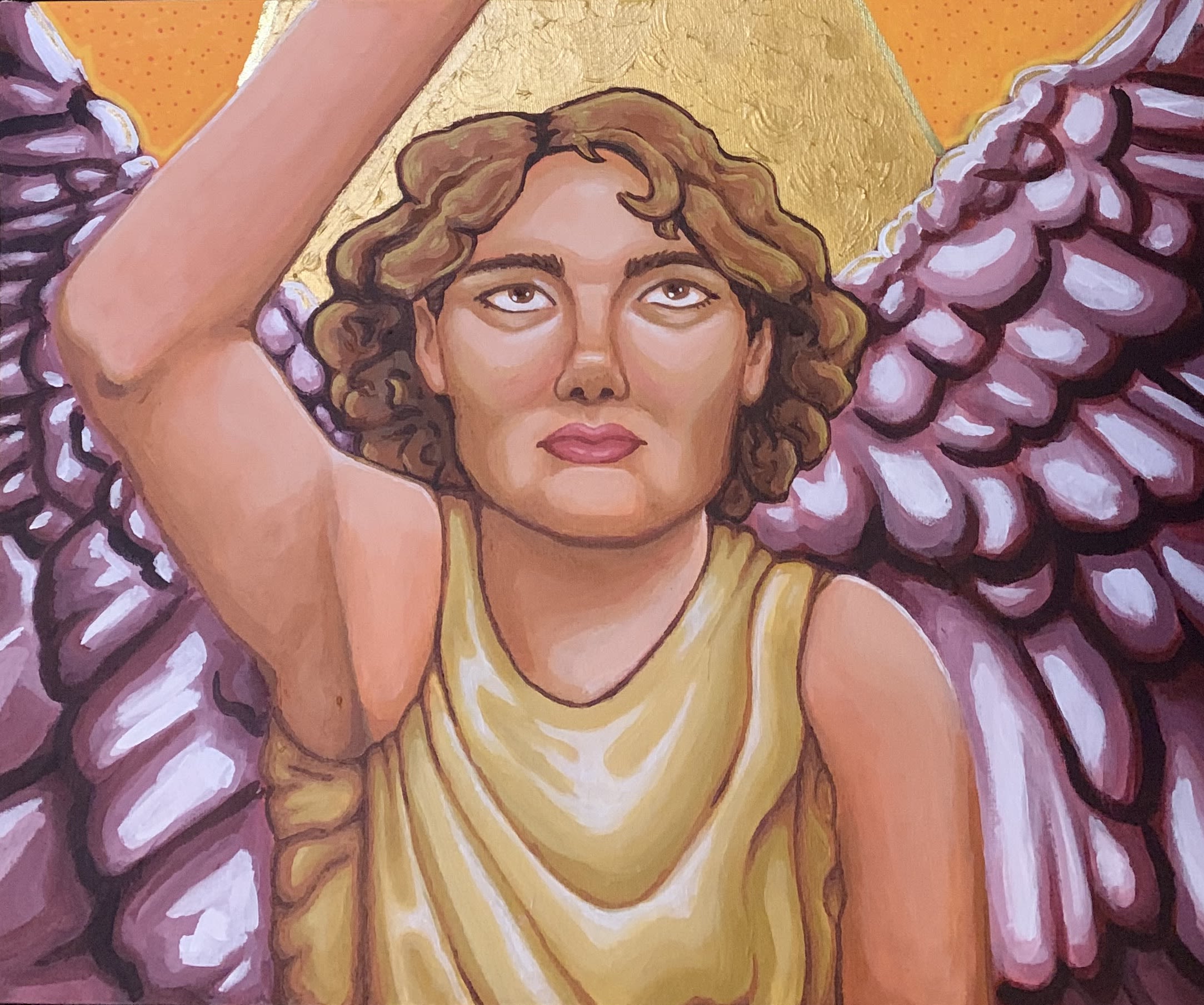 Painting of a person with wings, eyes open and one hand reaching up