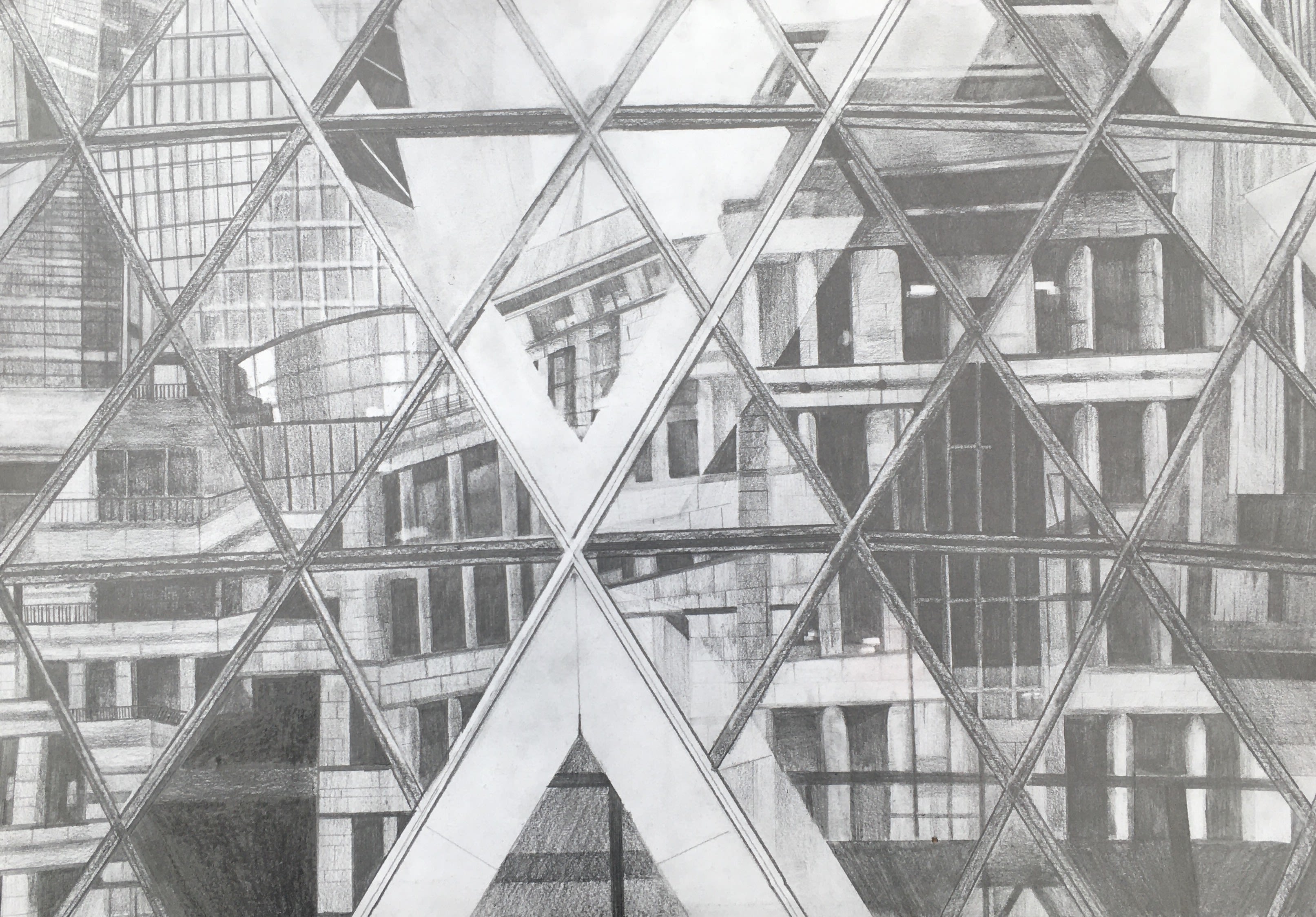 Pencil drawing showing the reflections on the side of the Gherkin, a glass building in London with a distinctive glass triangle pattern.