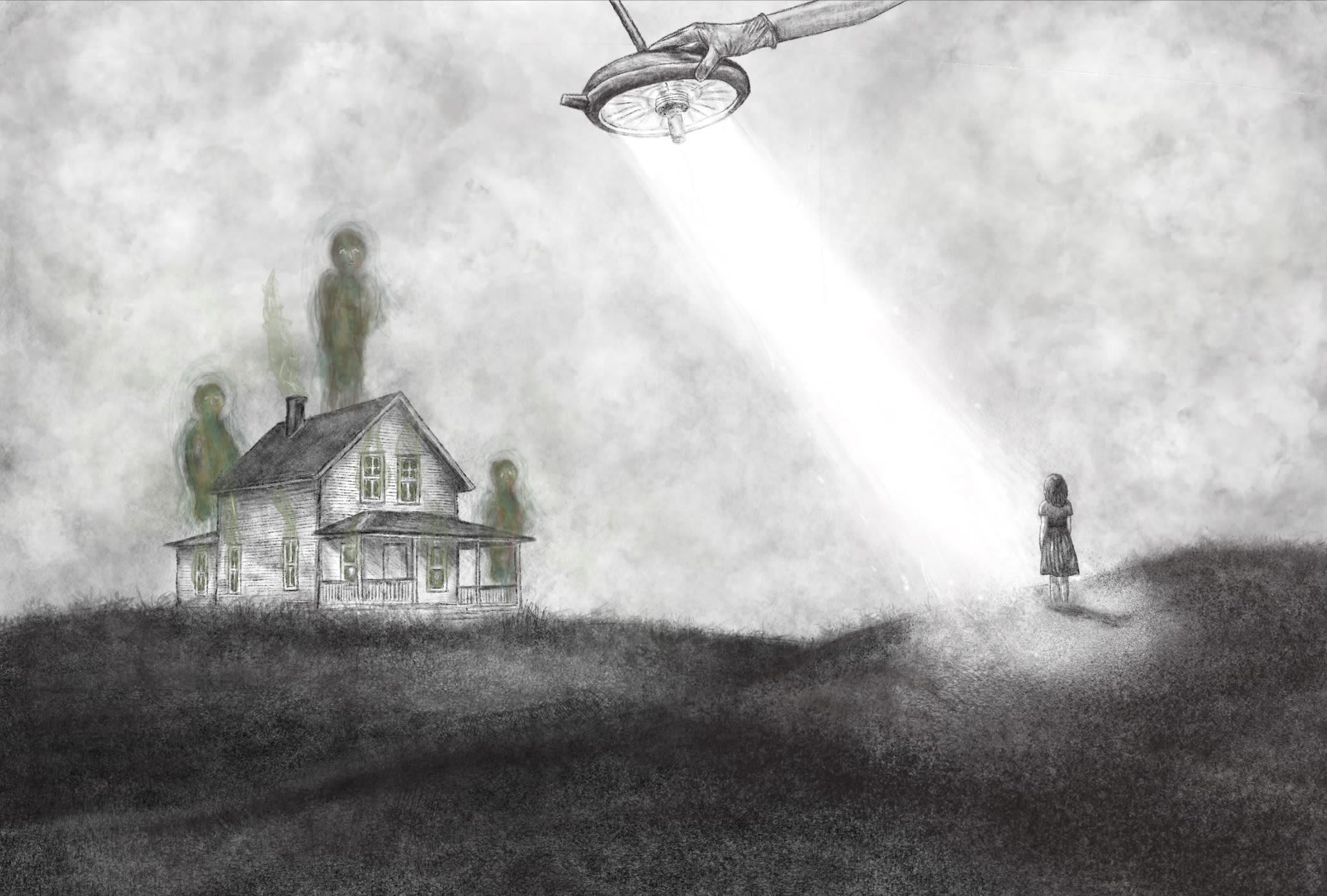 Digital artwork in style of pencil drawing. Showing house with three floating figures above it, and child figure stands on a hill with a hospital light shining down on them.