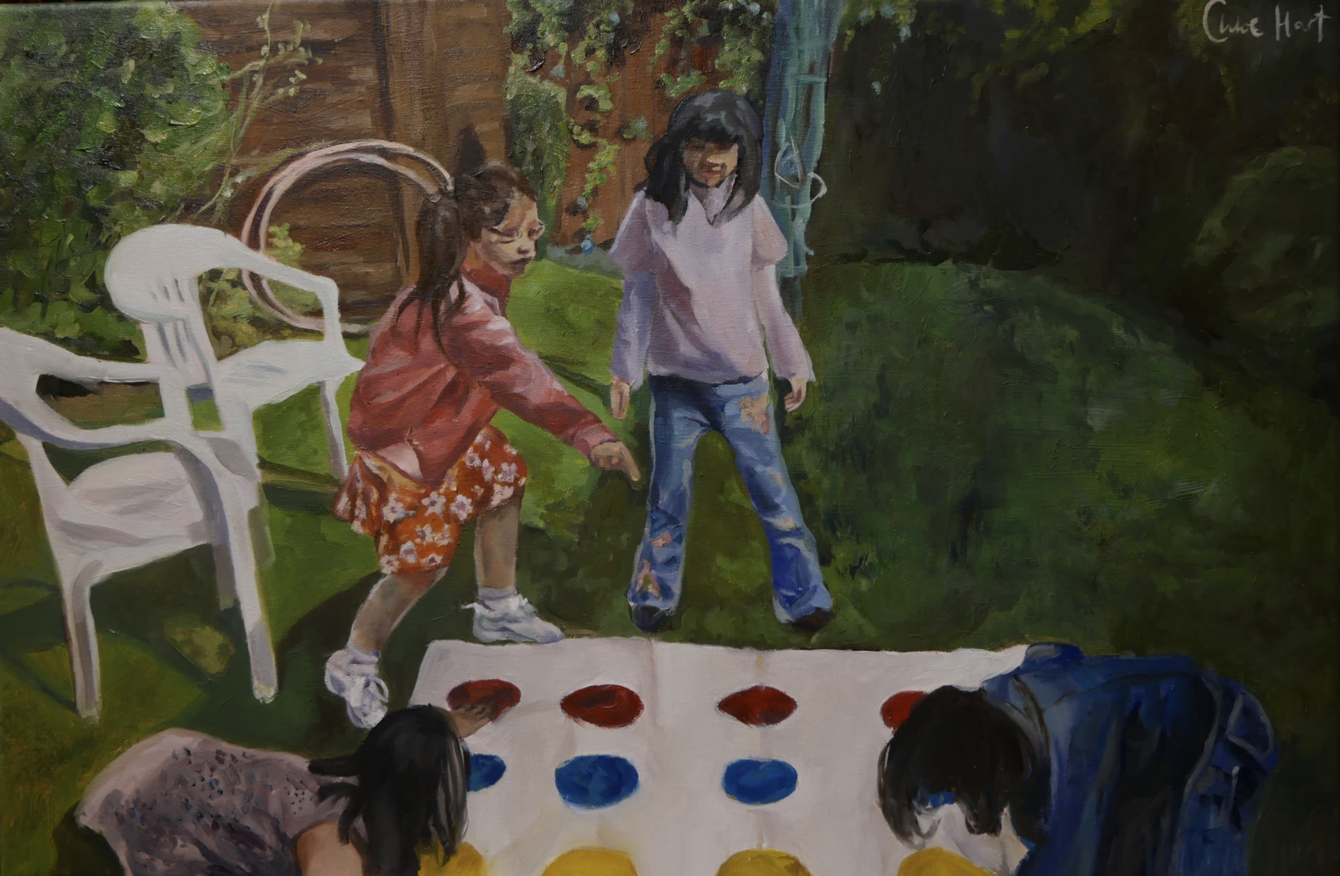 Painting of three children playing twister in the garden