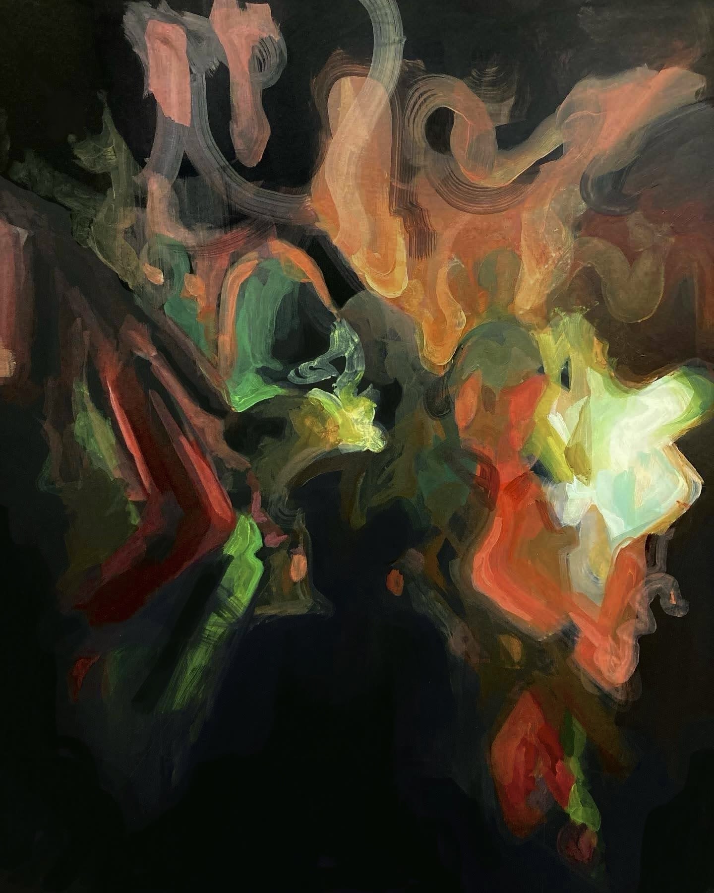 Abstract painting of illuminatus lights, red, orange, yellow, green and black swirls show possible figures