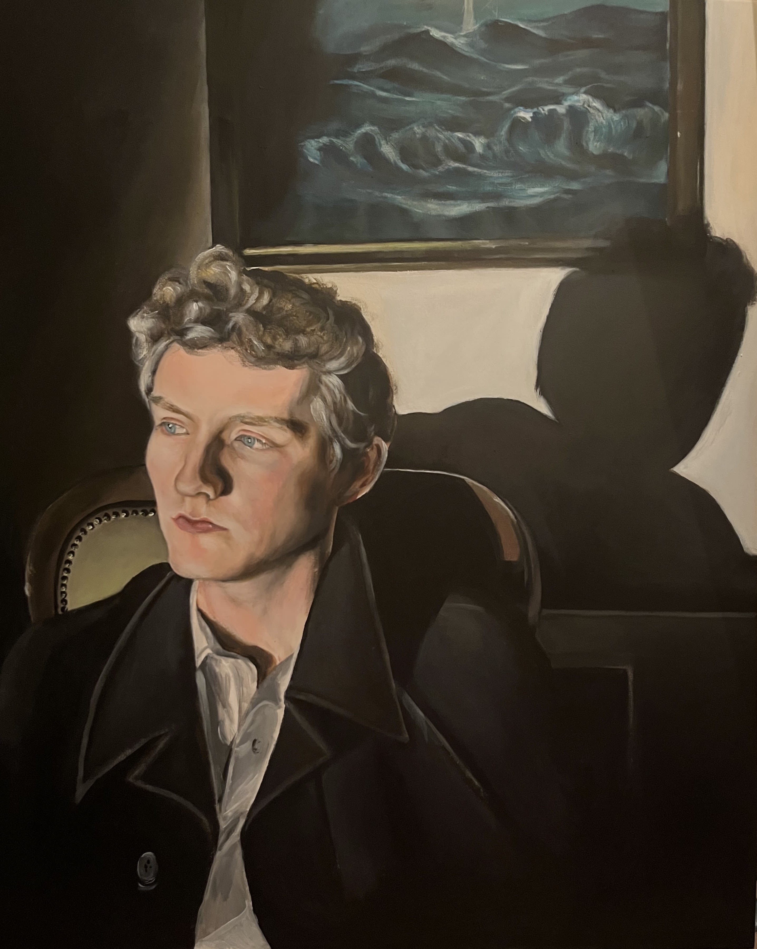 Painting of person sitting in chair looking off to the left of the frame. Behind them you see their shadow on the wall and framed painting.