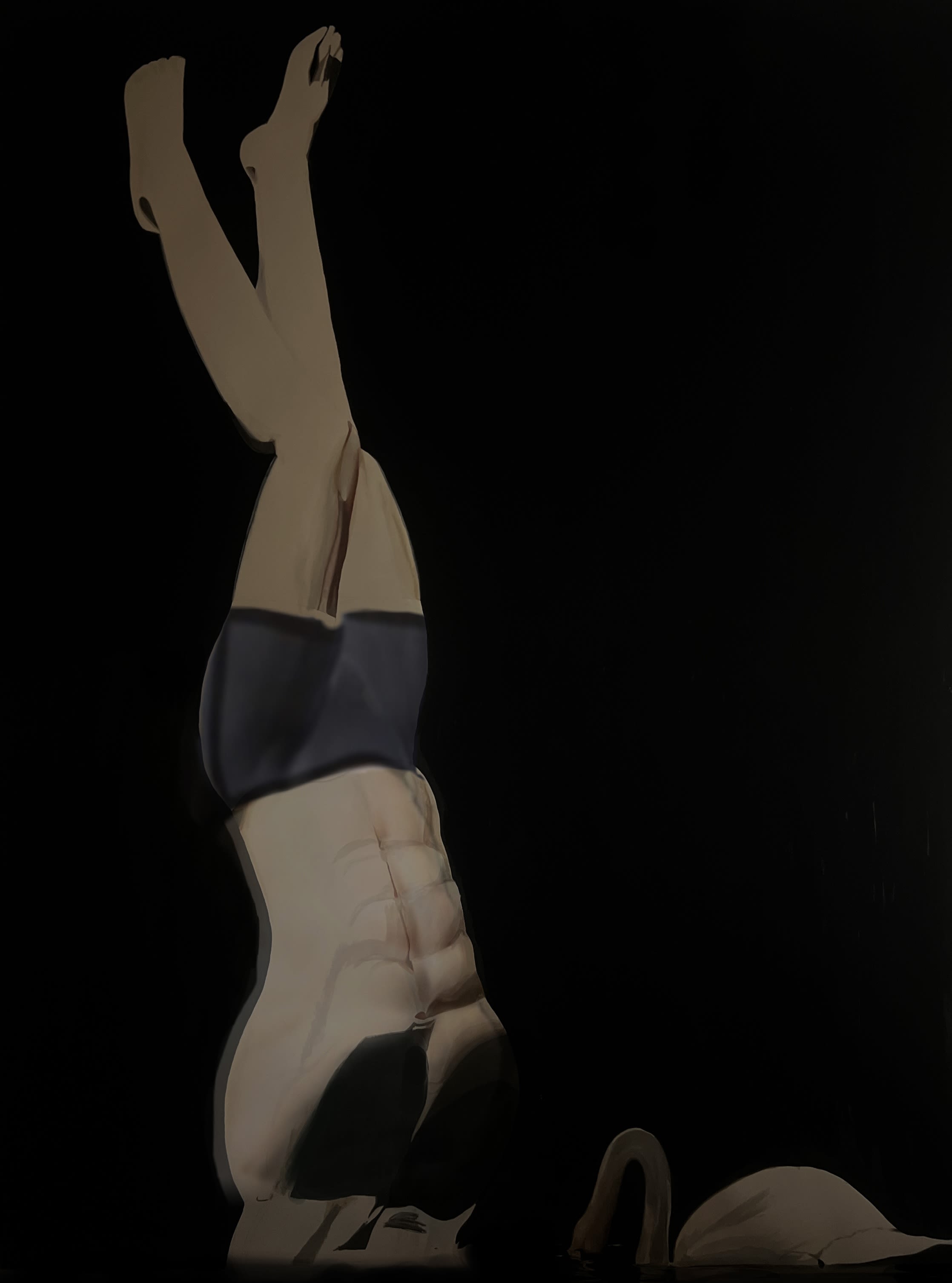 Painting of a person and a swan. The person is balanced upside down with their head submerged in the water like the swan.