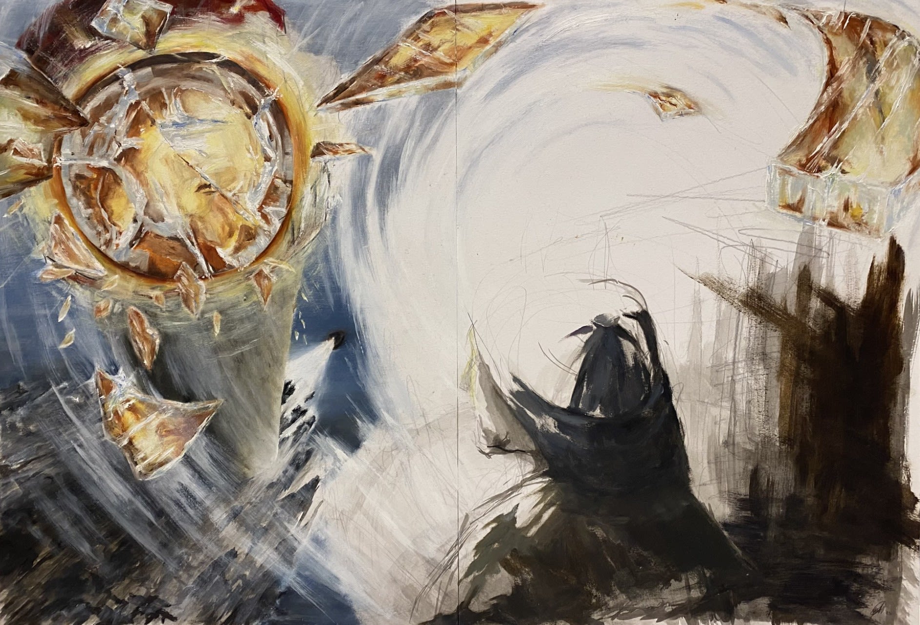 Abstract painting showing person on a boat