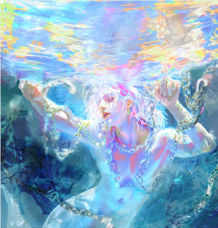 Digital painting showing a person in the water, the light shines in above them