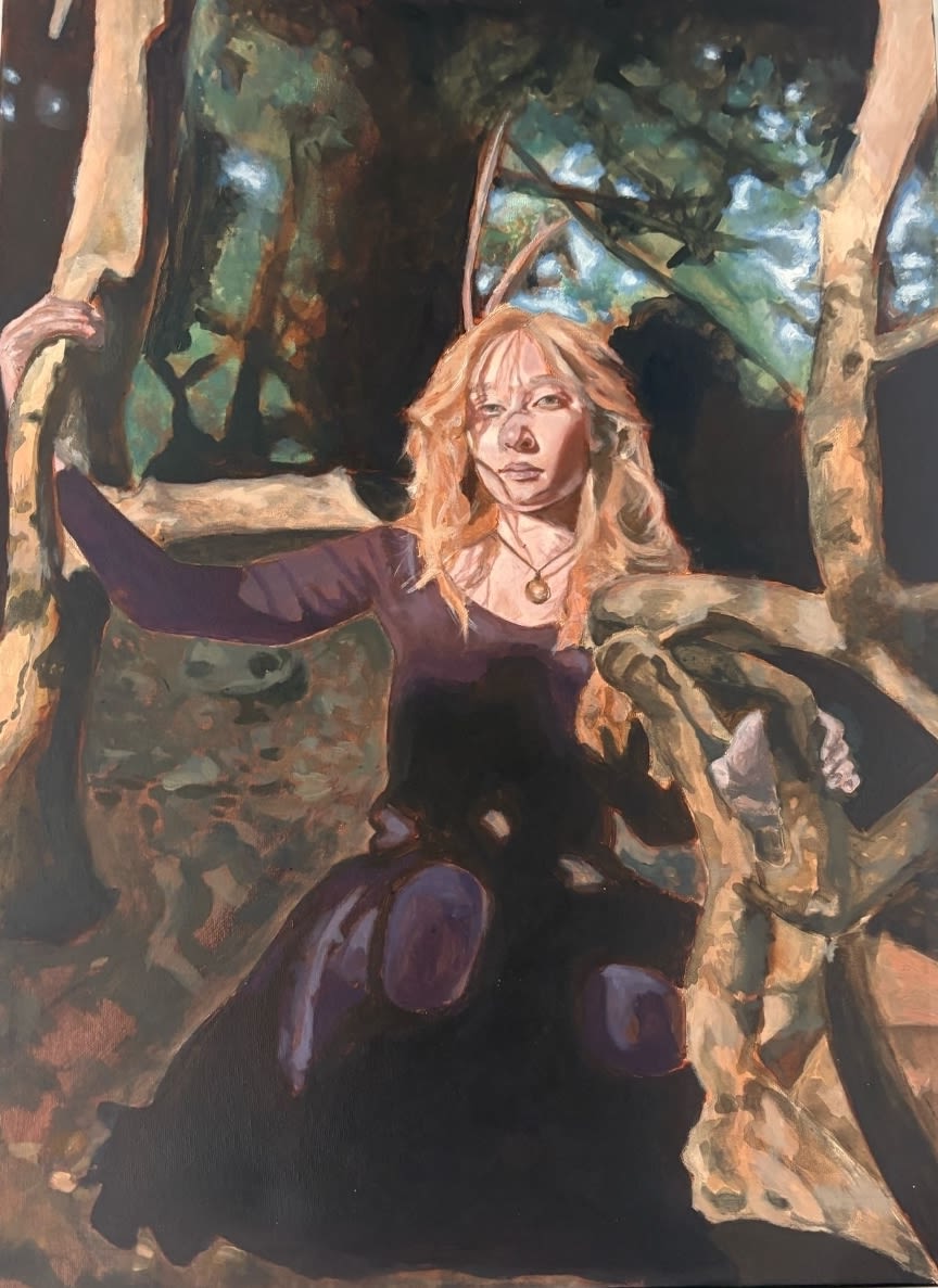 Painting of a person standing in the trees, light falls on their face.