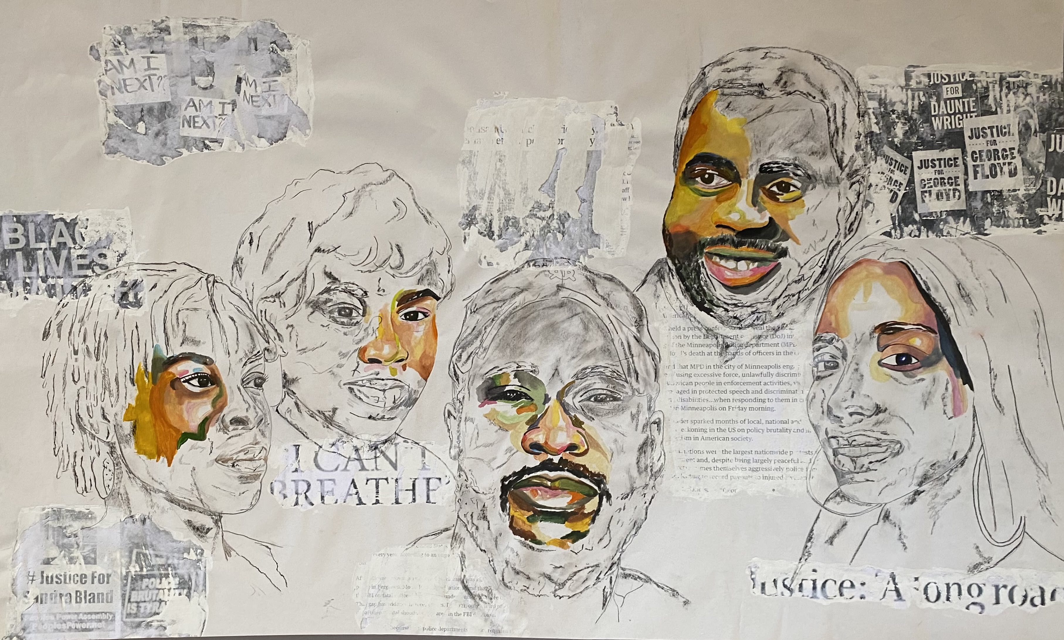 Graphite and watercolour on paper drawing of four faces partially black and white, partially in colour. Text is written around the faces reading 'black lives matter' and 'I can't breathe'