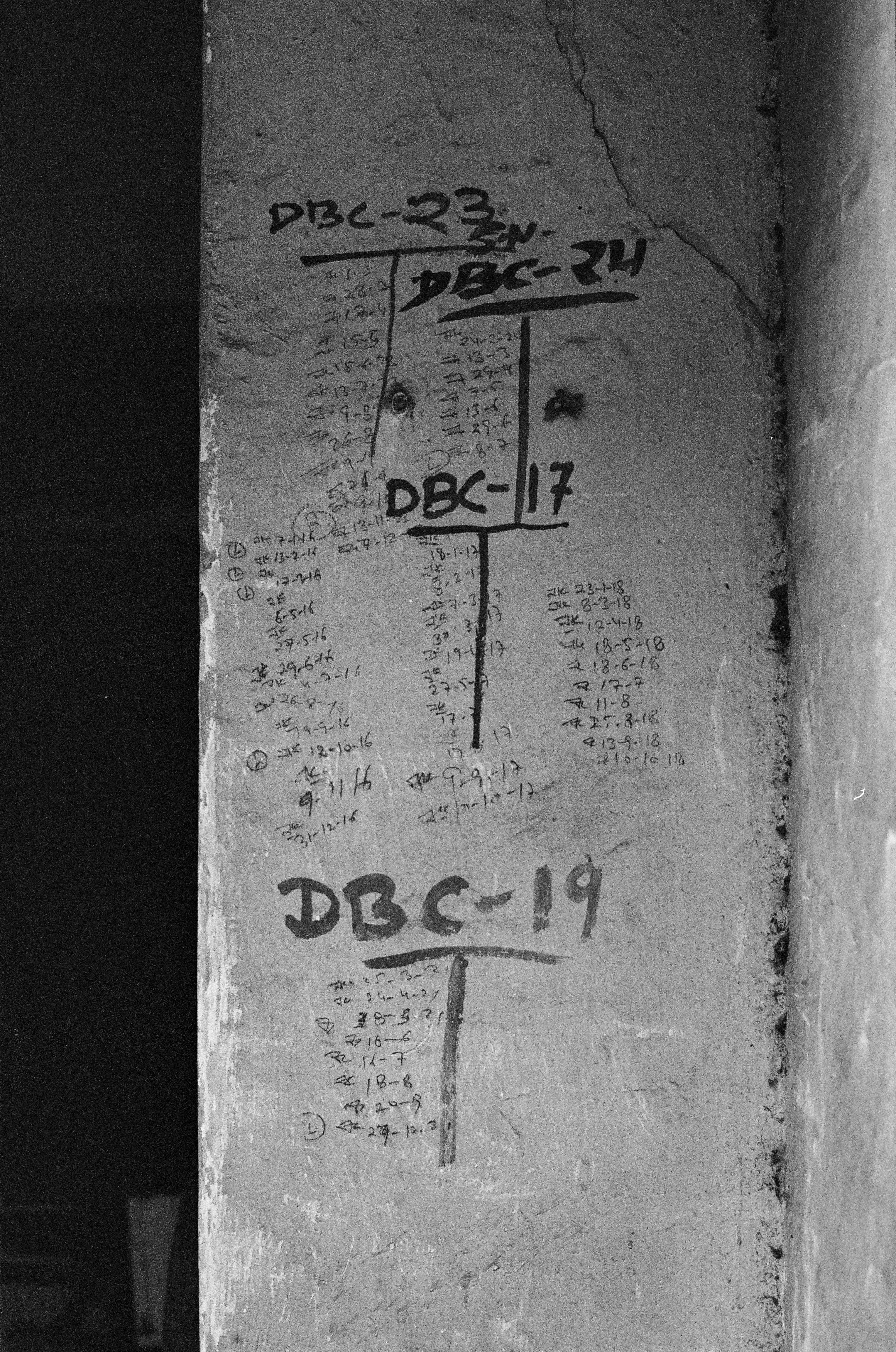 Black and white photo of a wall with writing on