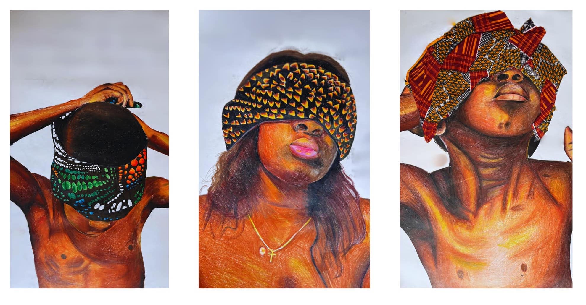 Three pencil drawings of three people with their eyes covered by patterned fabric