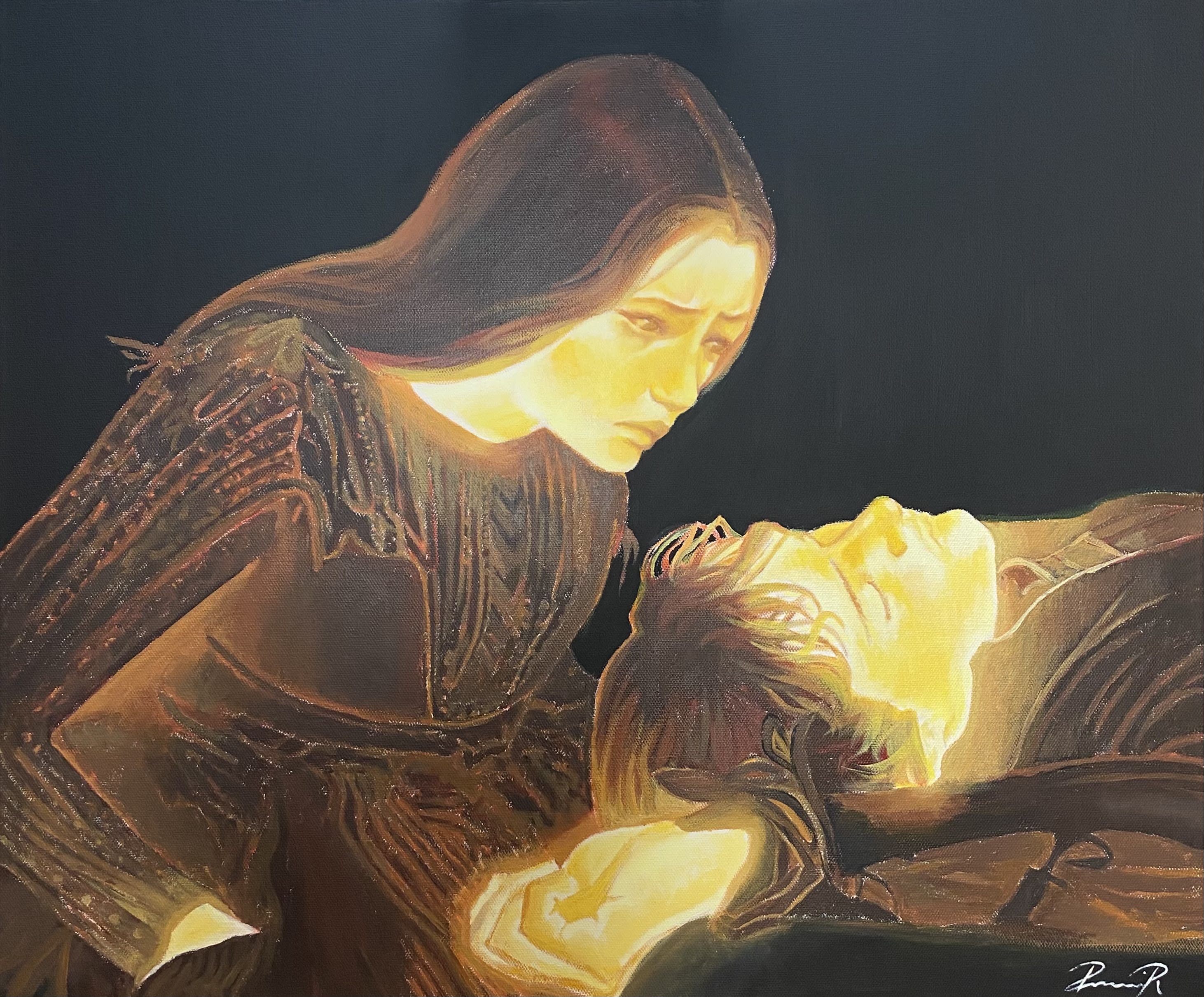 Painting of two people, one ways on the floor with their eyes shut and one is looking over the other. Both faces are illuminated.