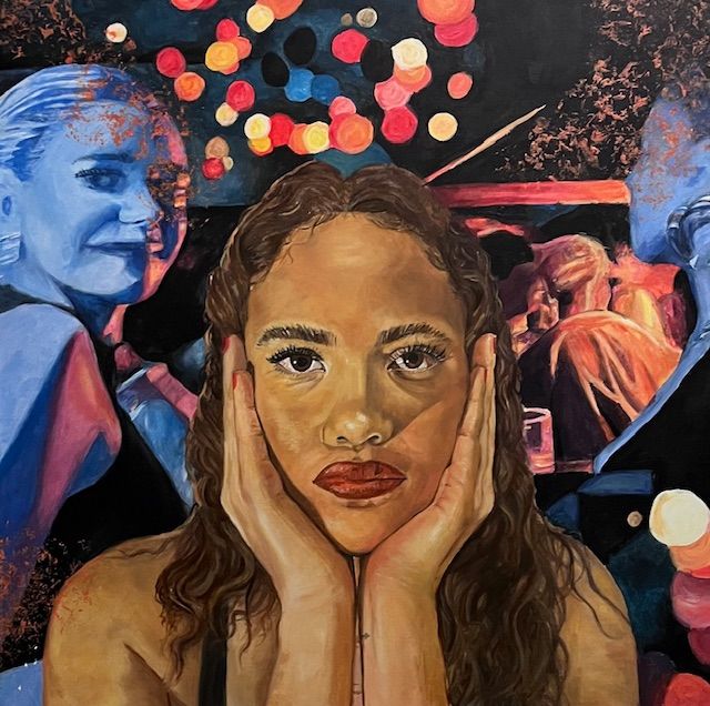 Painting of a person centre forward with their hands on the side of their face. Behind them a faded club scene